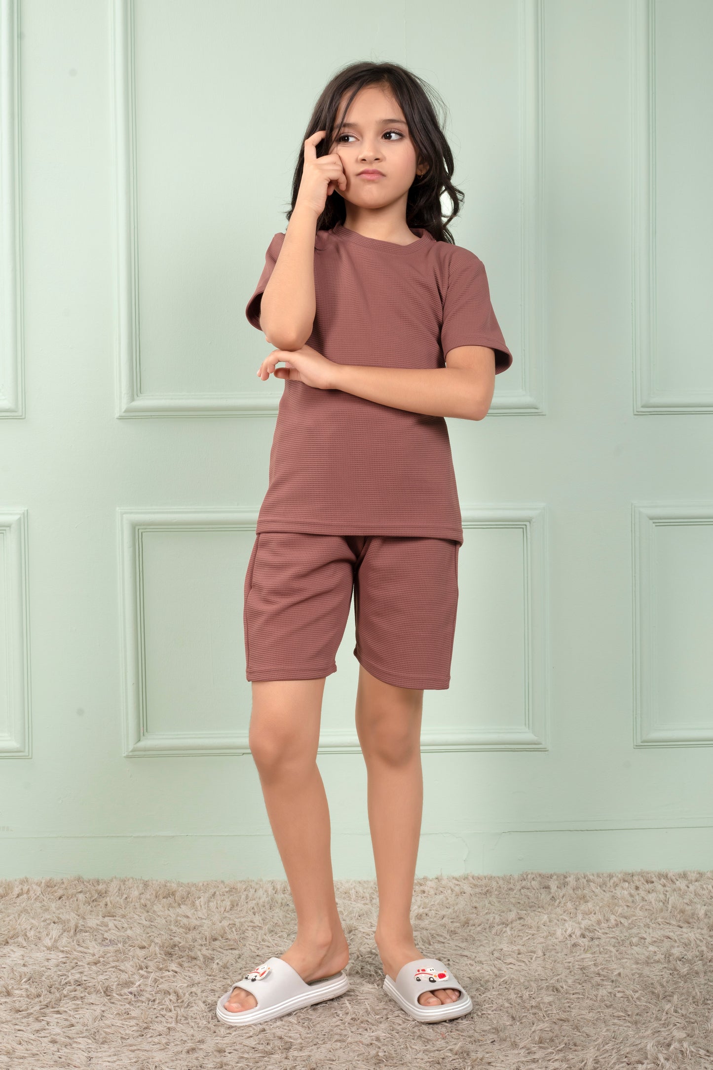 Cotton_waffle_Brown_night_suit_shorts_set_for_Girls - Stylish
