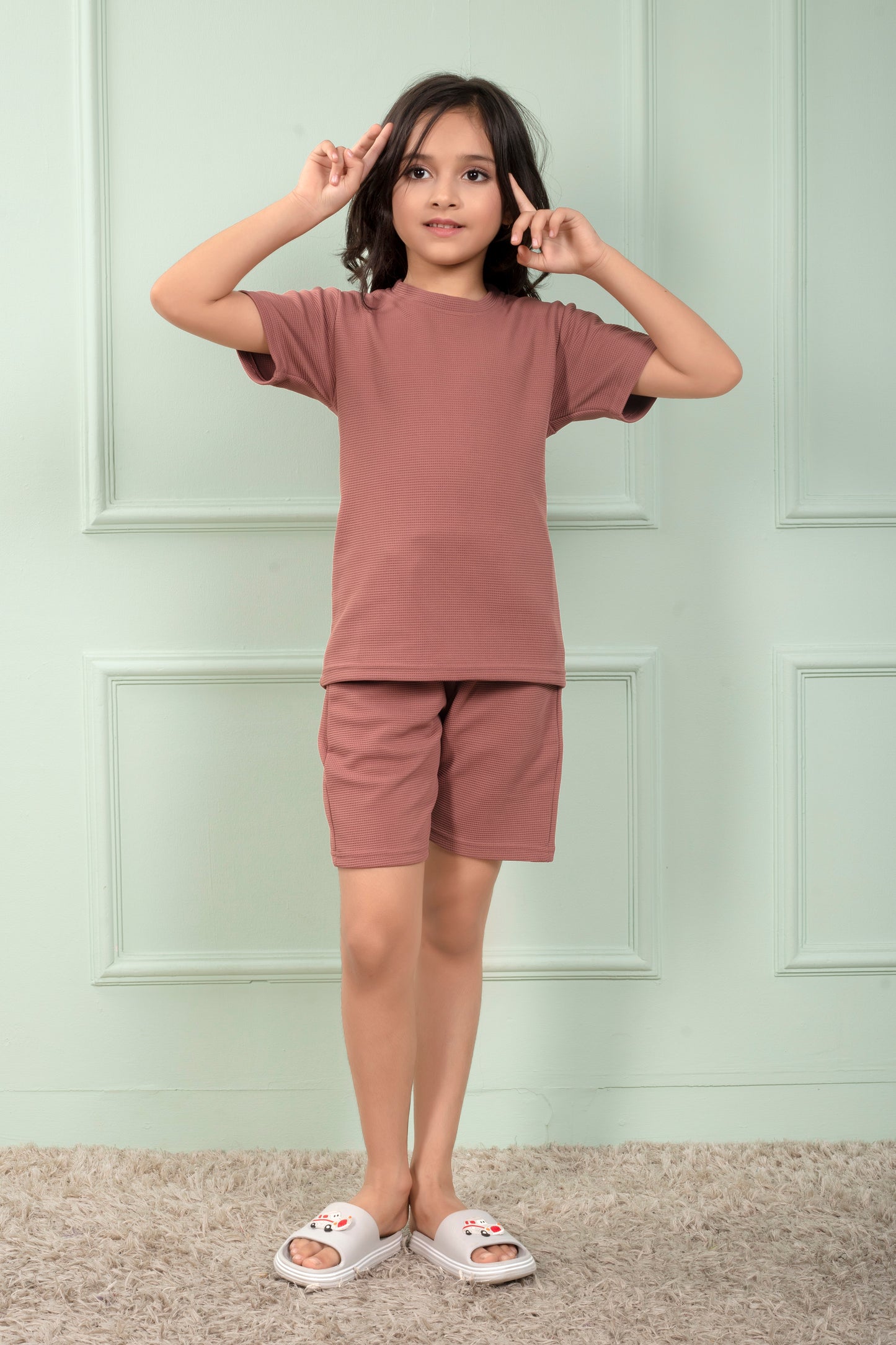 Cotton_waffle_Brown_night_suit_shorts_set_for_Girls - Stylist
