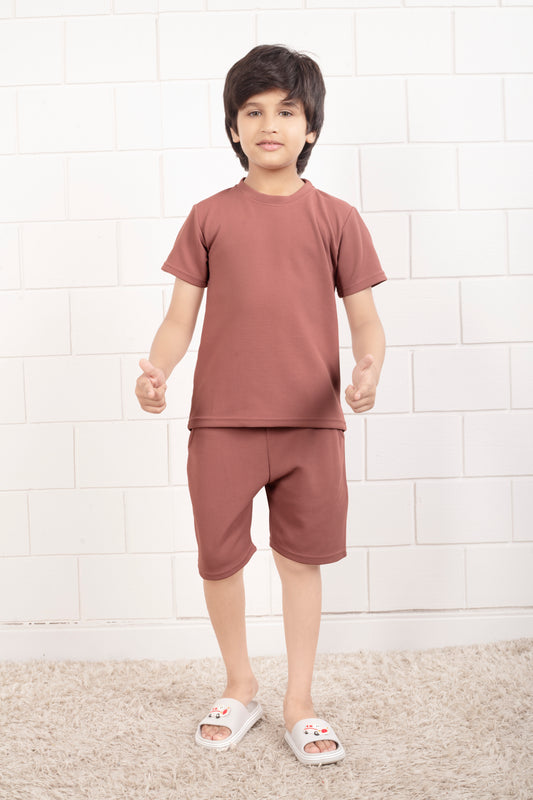 Cotton_waffle_Brown_shorts_co_ord_set_for_kids - Front