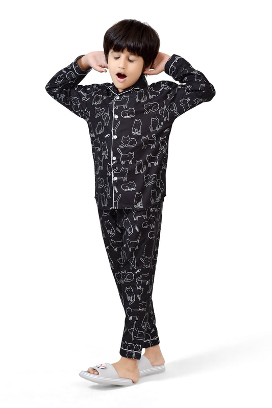Black & White Cat Print Boys Cotton Night Suit - Full Sleeve Detail | CLUB96