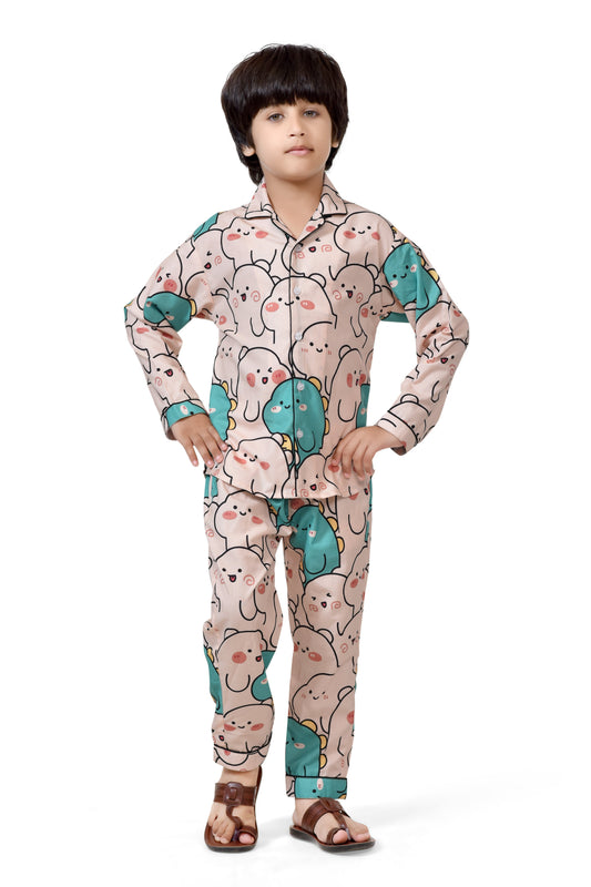 Off-White Cartoon Animal Print Boys Cotton Night Suit - Full-Length View | CLUB96