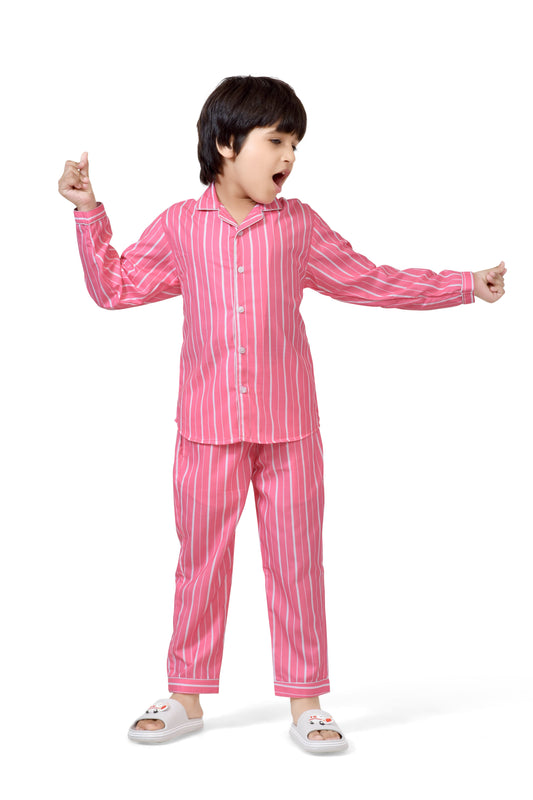 Pink & White Striped Boys Cotton Night Suit - Full-Length View | CLUB96