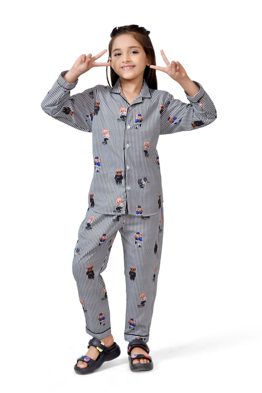Black & White Teddy Print Girls Cotton Night Suit - Full-Length View | CLUB96