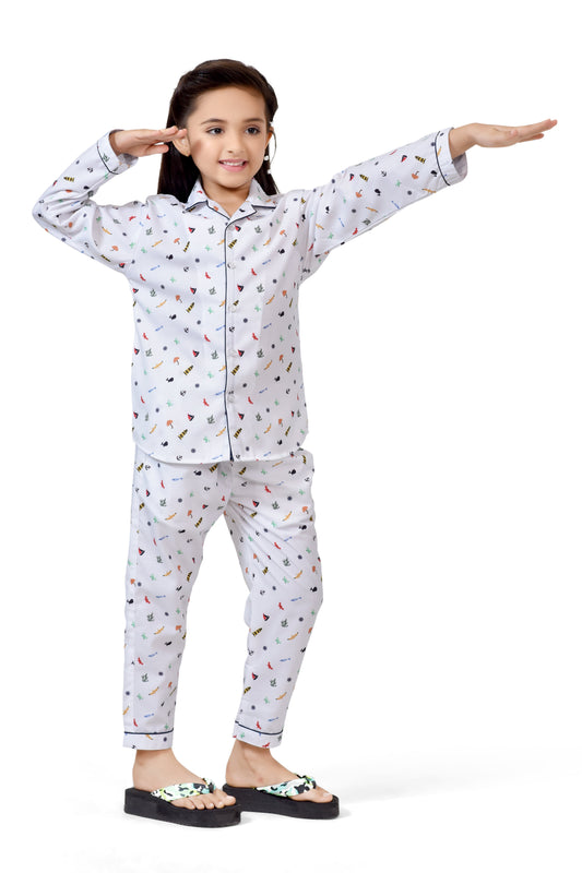 White Printed Girls Cotton Night Suit - Full Sleeve Detail | CLUB96