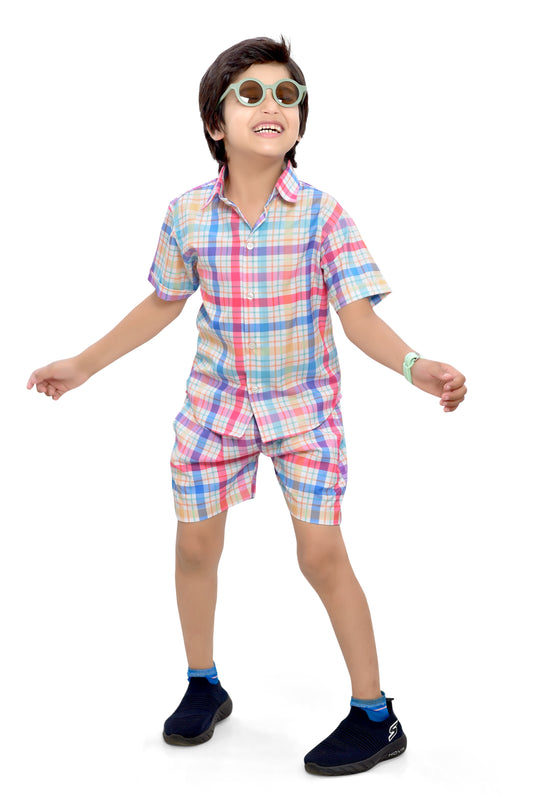 Cute Colorful Checks Printed Boys Cotton Co-Ord Set - Club96