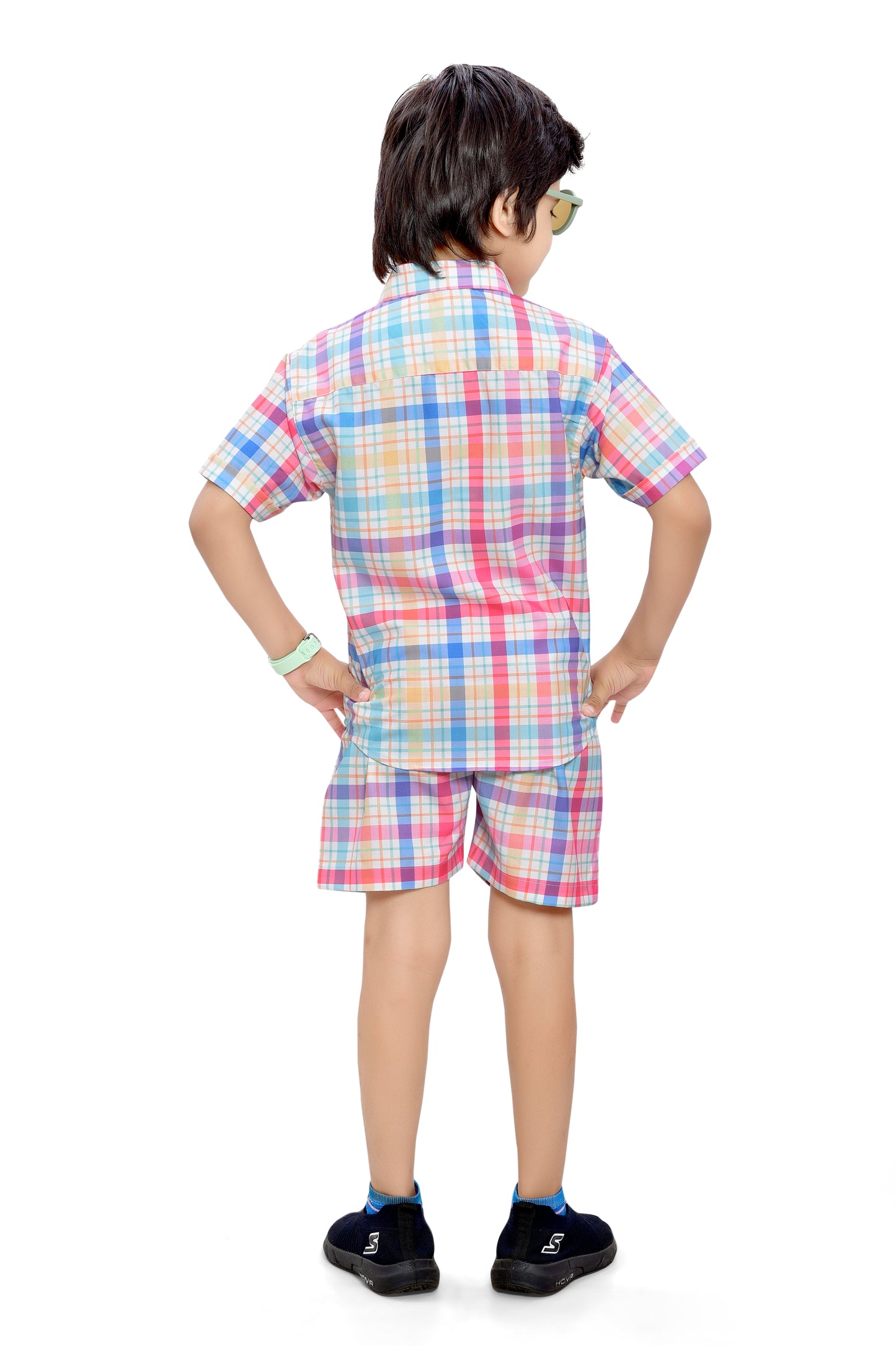 Cute Colorful Checks Printed Boys Cotton Co-Ord Set - Back