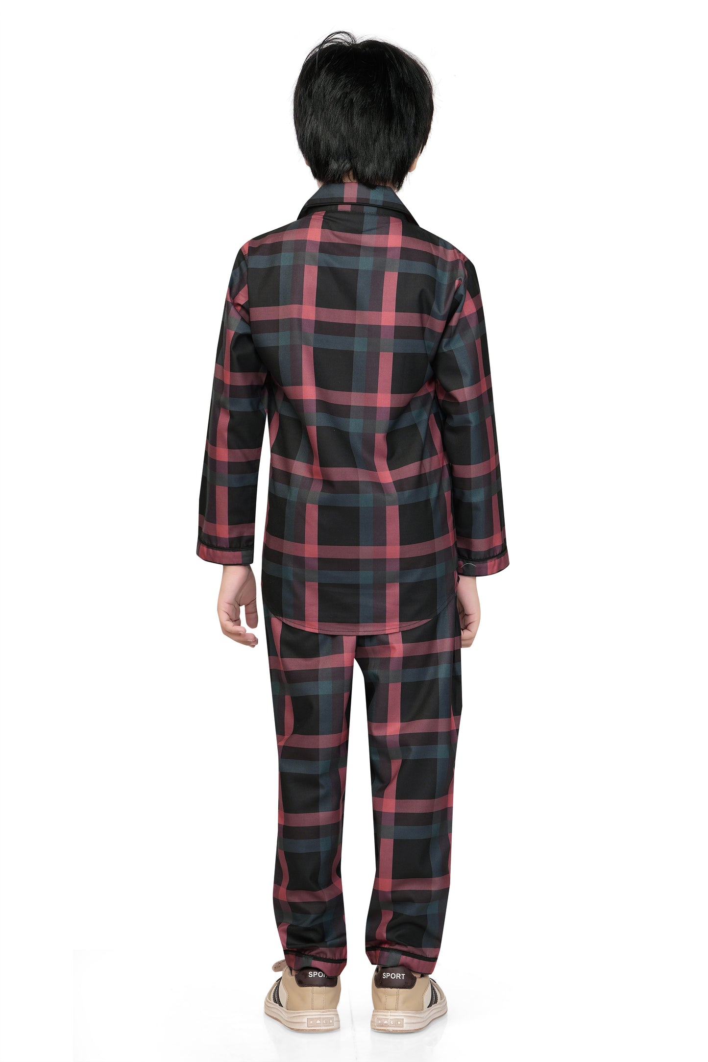 Black and Brown Checks Printed Nightsuit Set - B 435