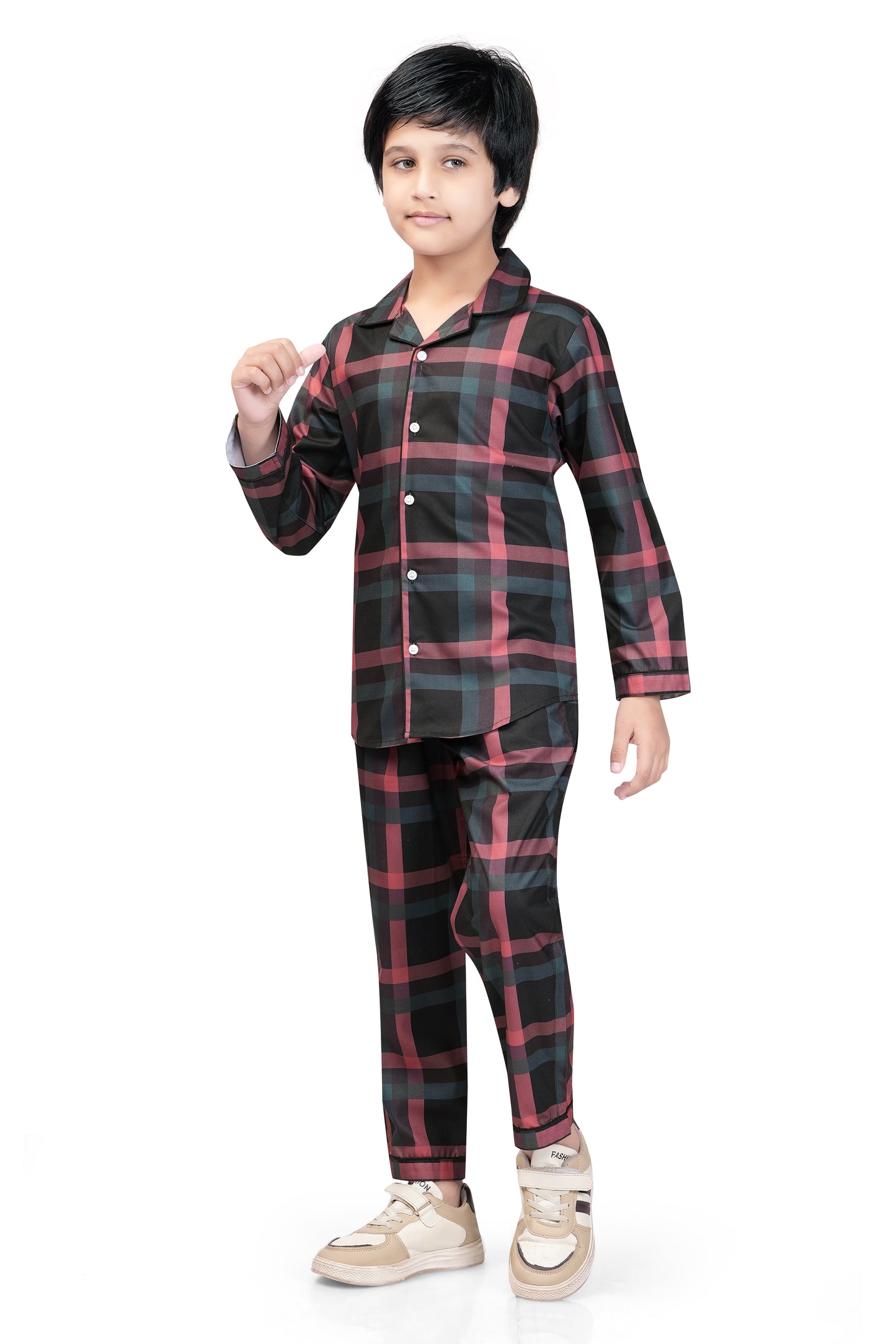 Black and Brown Checks Printed Nightsuit Set - B 435