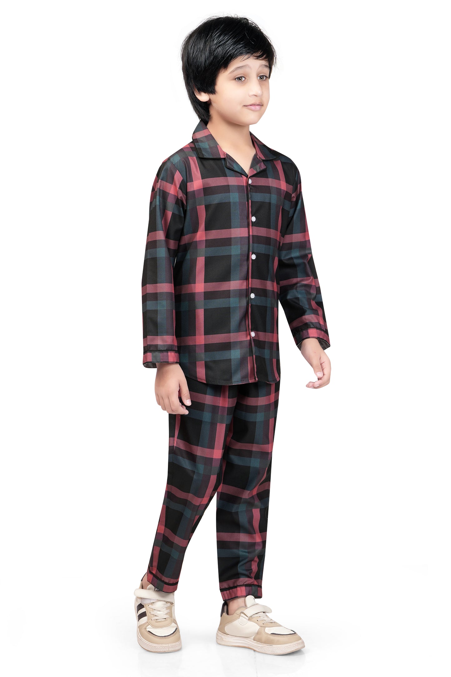 Black and Brown Checks Printed Nightsuit Set - B 435
