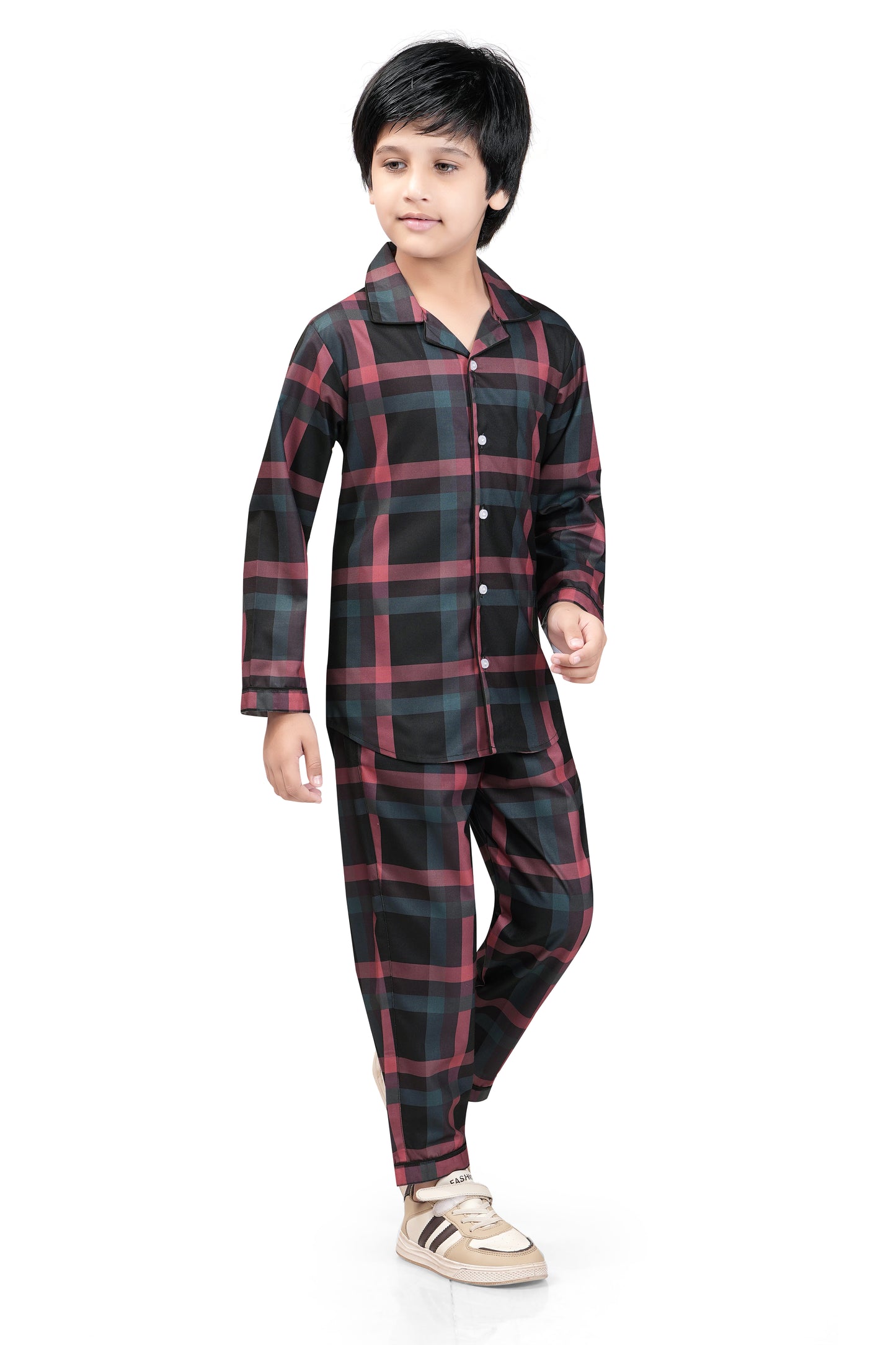 Black and Brown Checks Printed Nightsuit Set - B 435