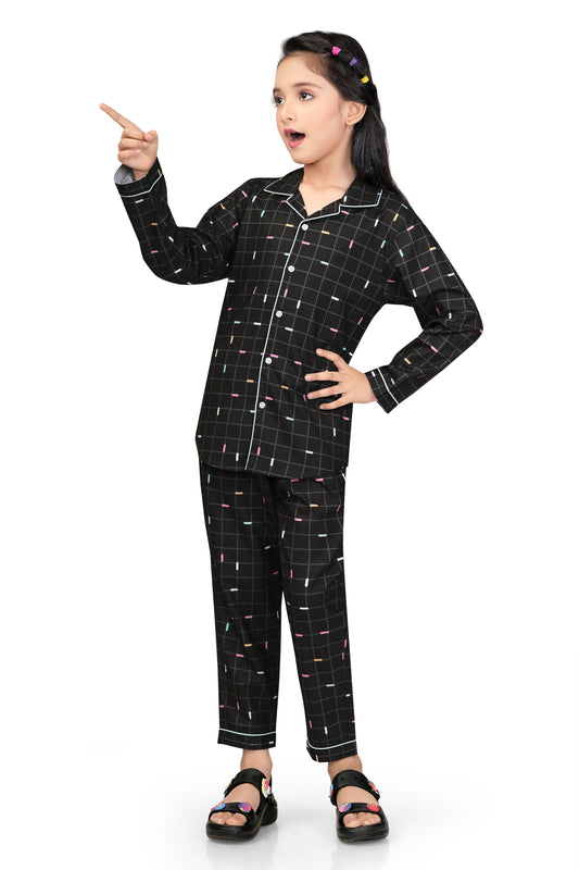 Black Grid Checks Printed Nightsuit Set
