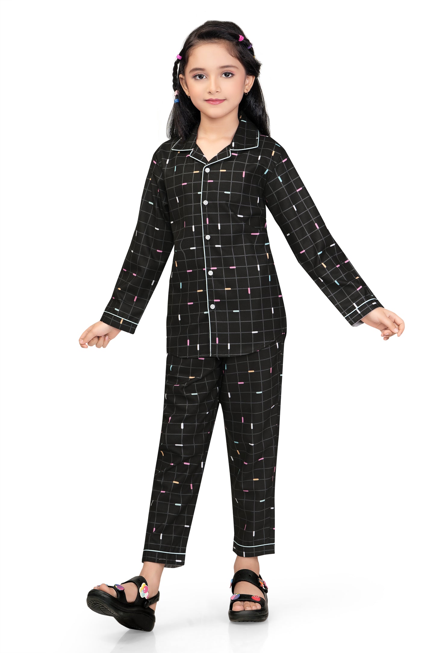Black Grid Checks Printed Nightsuit Set