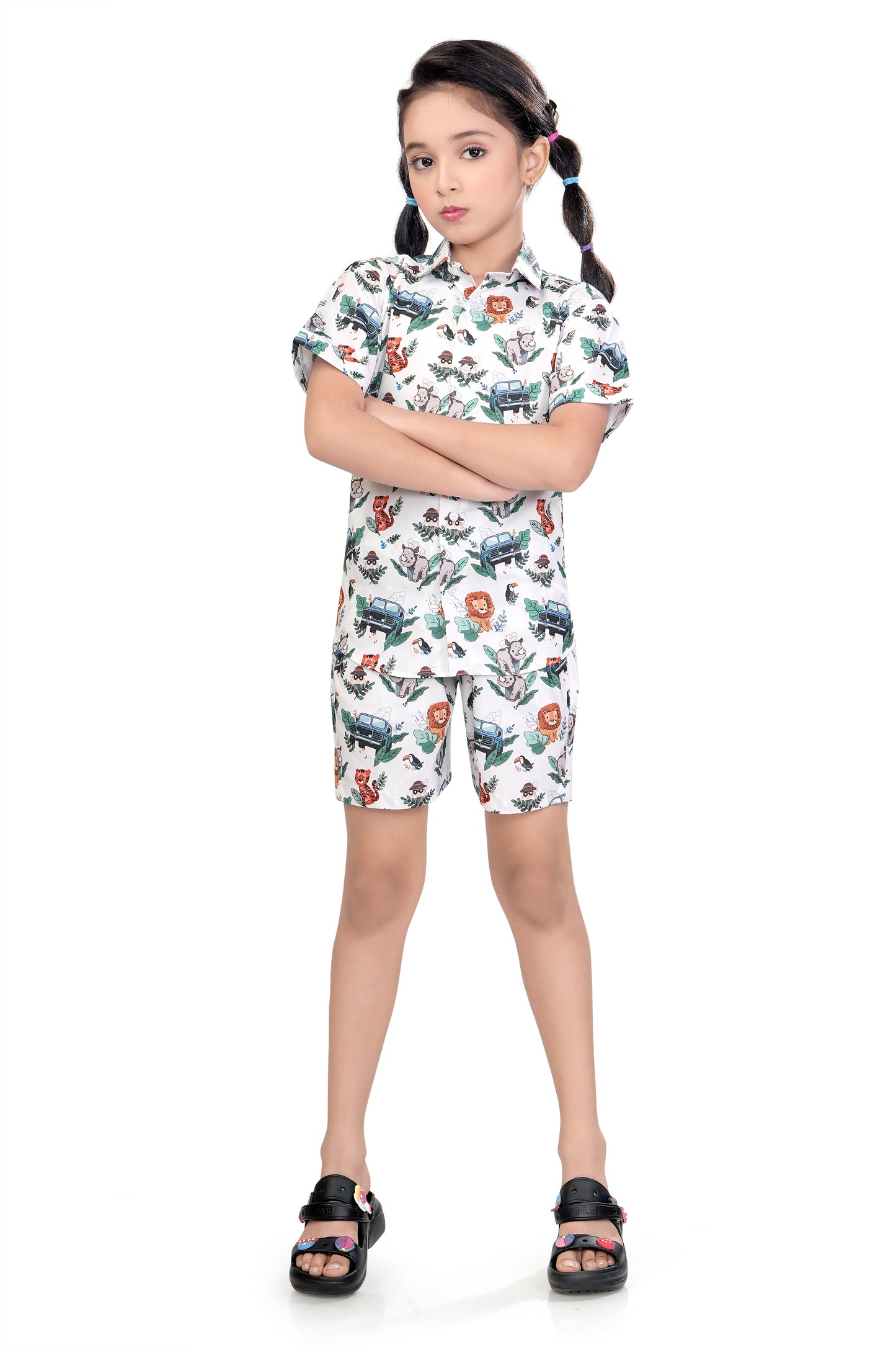 Zoo Animal Printed Cotton Co Ord Set for Girls - G 347