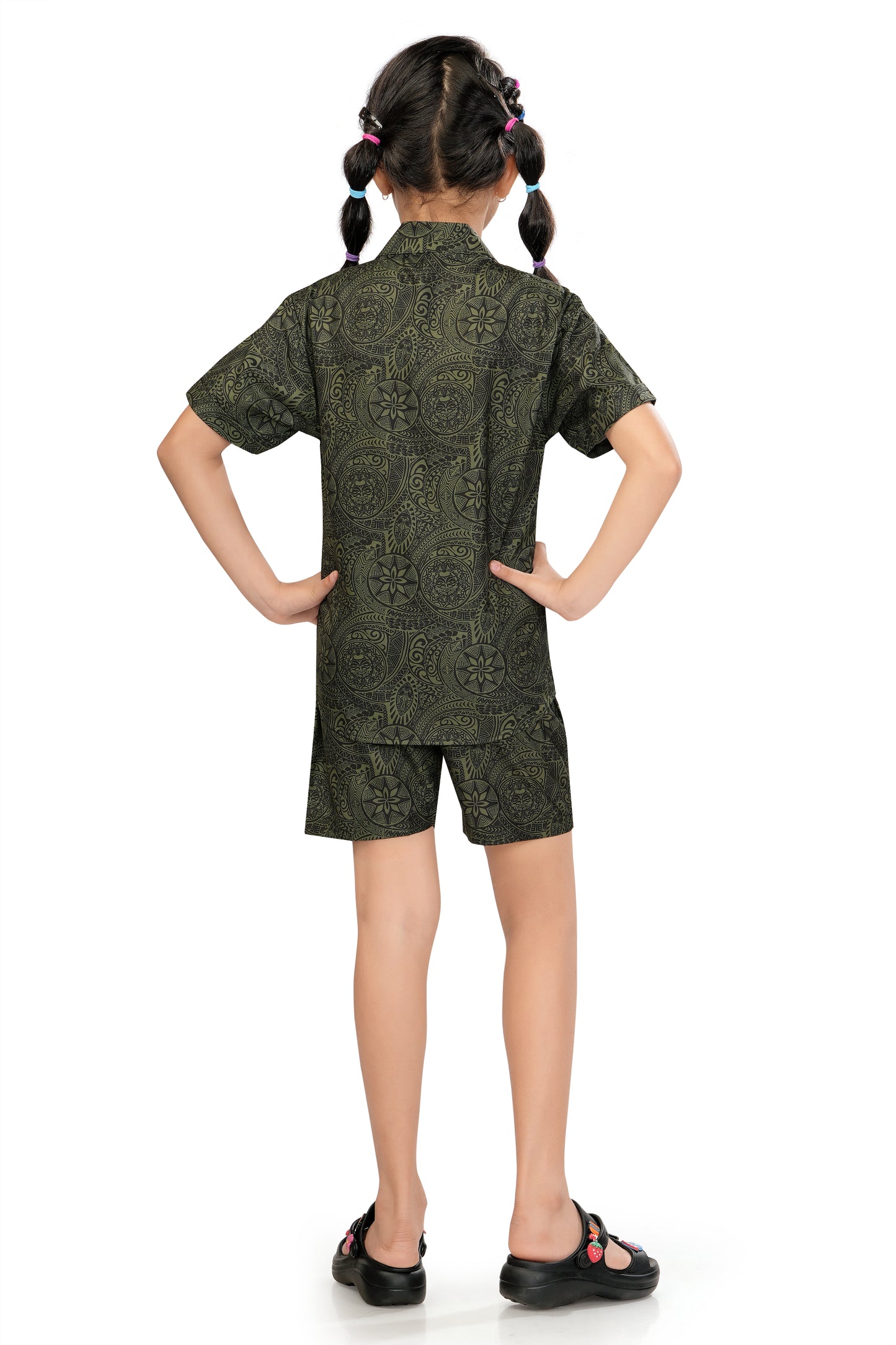 Olive Green Mandala Printed Girls Cotton Co Ord Set - G 365