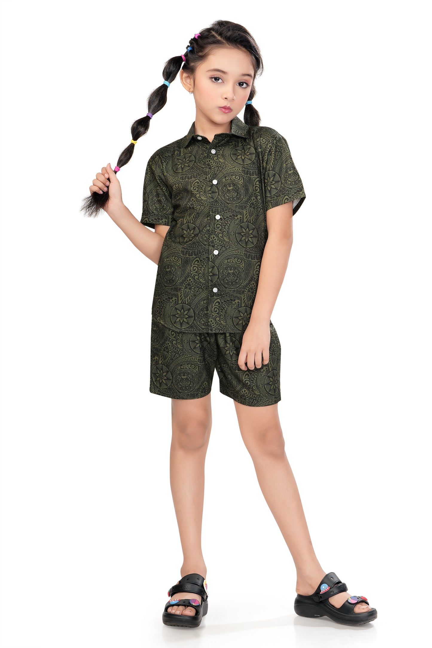 Olive Green Mandala Printed Girls Cotton Co Ord Set - G 365