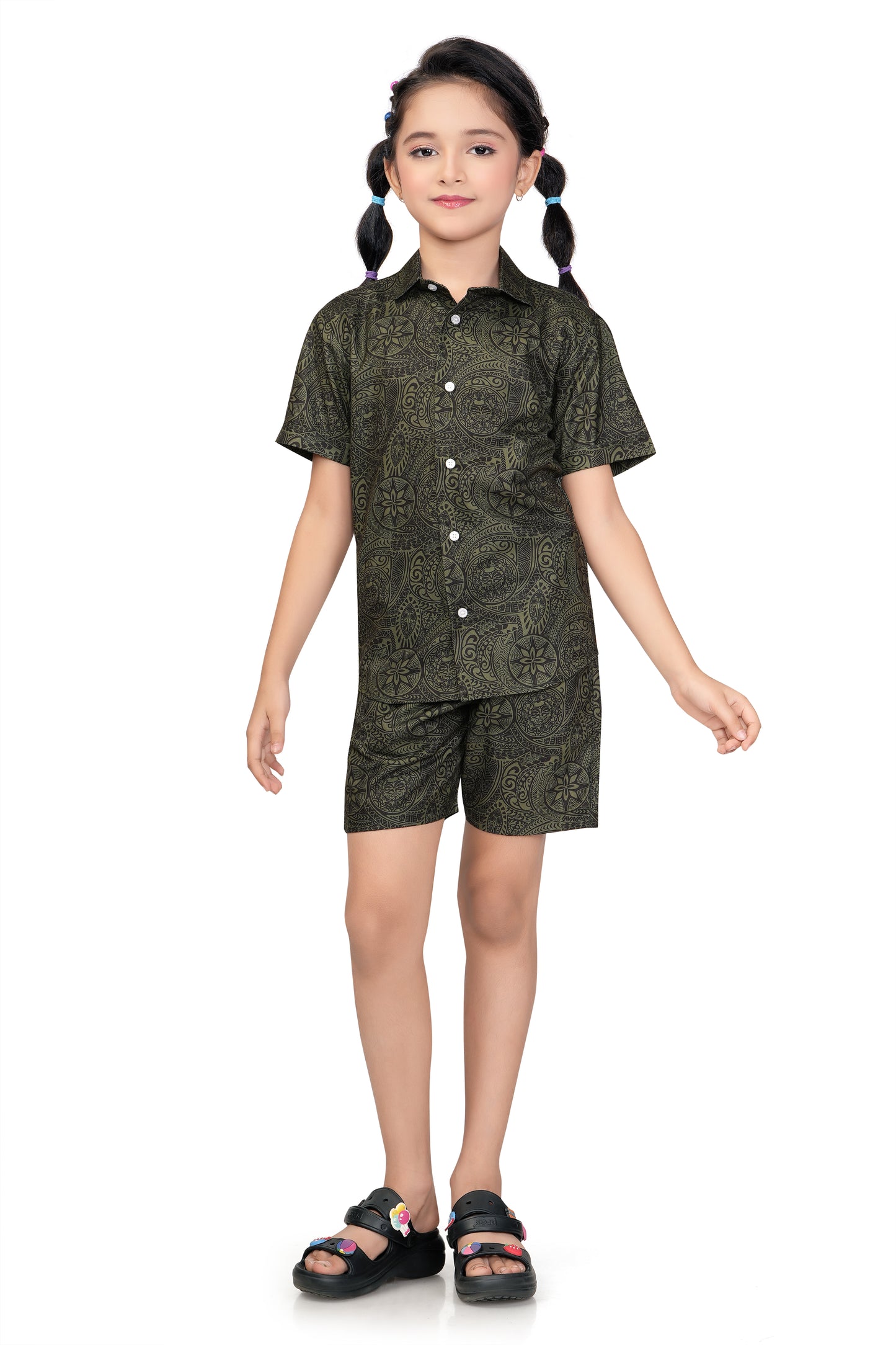 Olive Green Mandala Printed Girls Cotton Co Ord Set - G 365