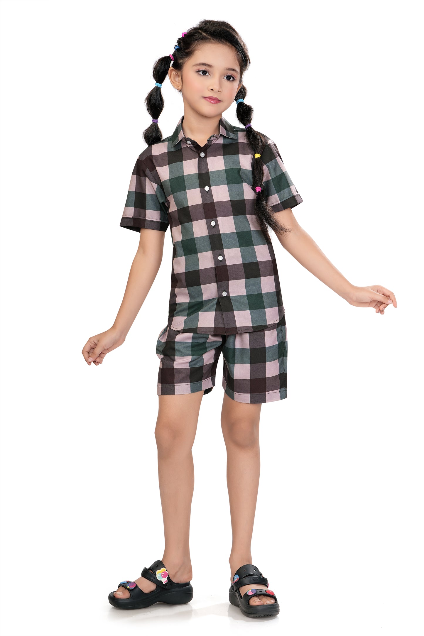 Large Checks Printed Girls Cotton Co Ord Set - G 351