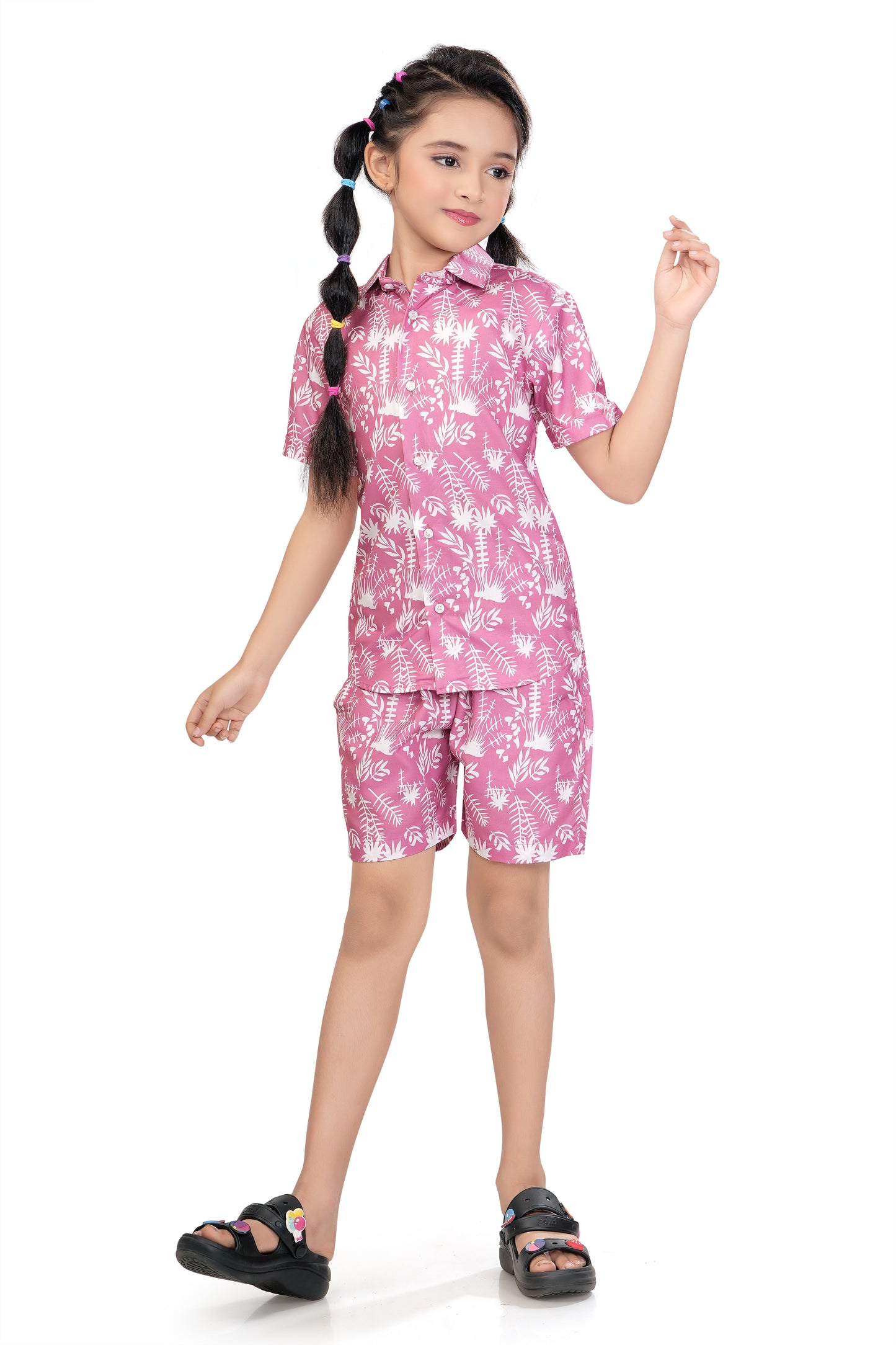 Tropical Palm Leaf Printed Cotton Co Ord Set for Girl - G 350