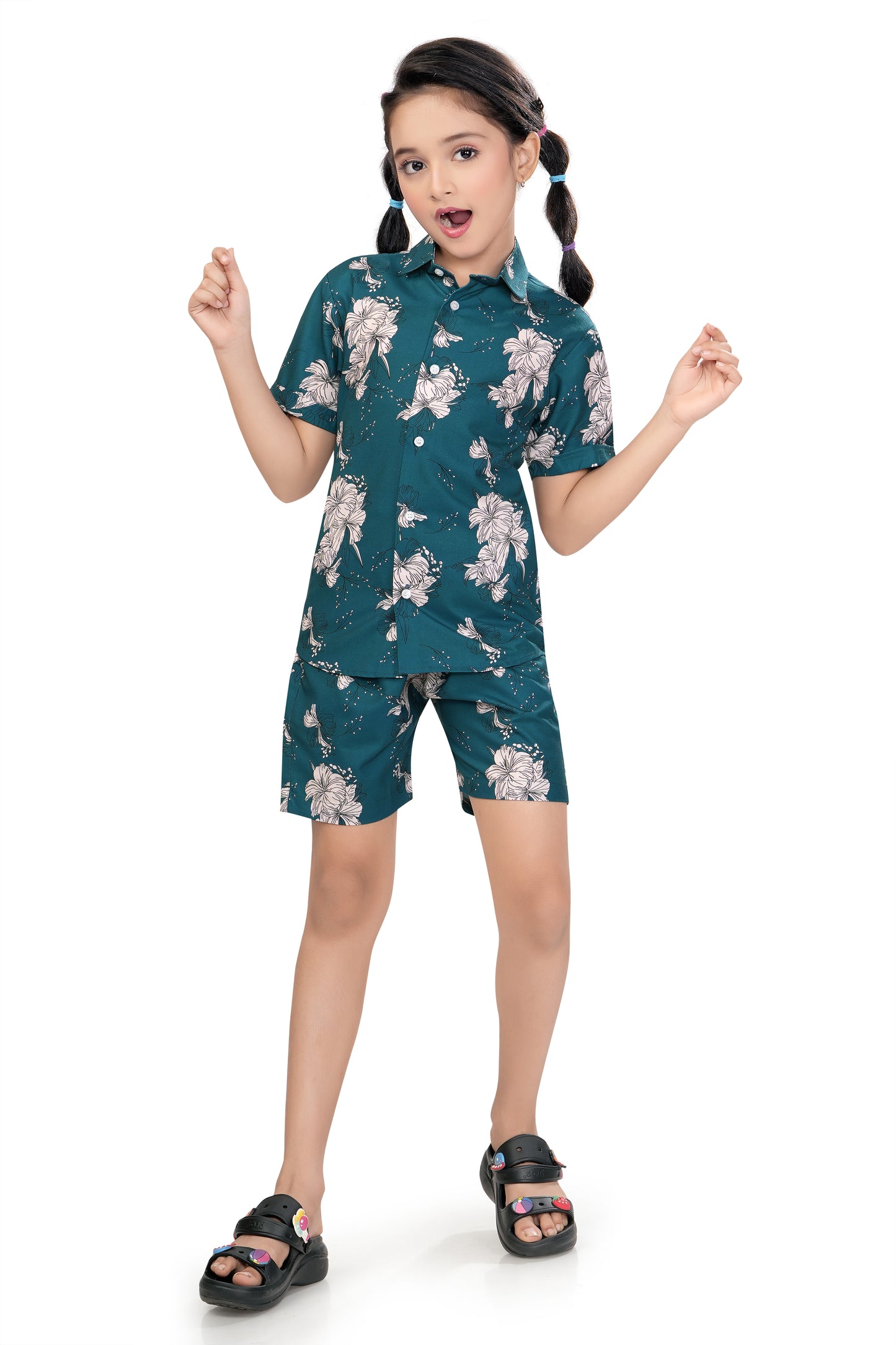 Tropical White Floral Printed Girls Cotton Co Ord Set - G 362