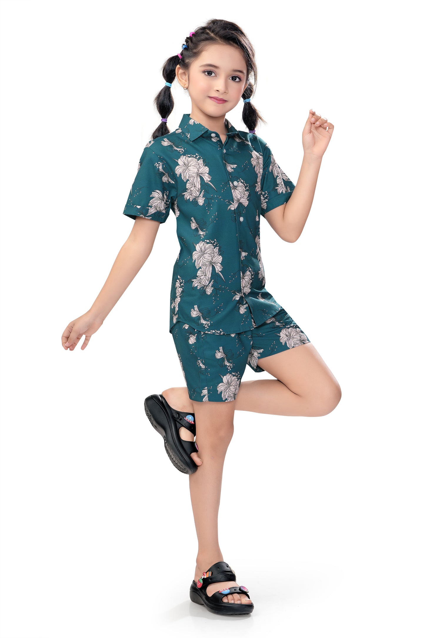 Tropical White Floral Printed Girls Cotton Co Ord Set - G 362