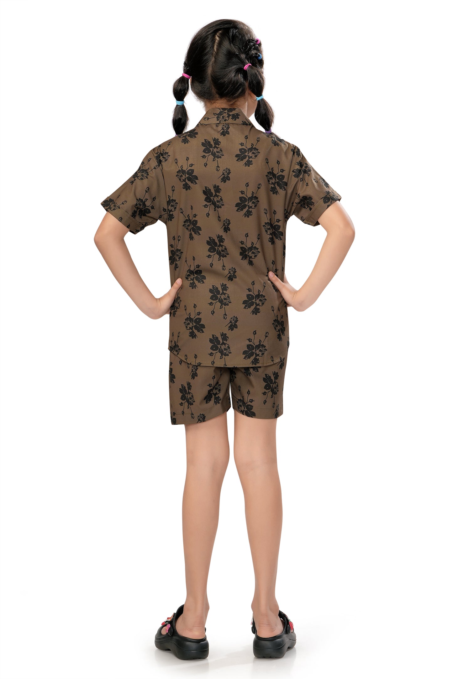 Brown Flower Printed Cotton Co Ord Set for Girl - G 349