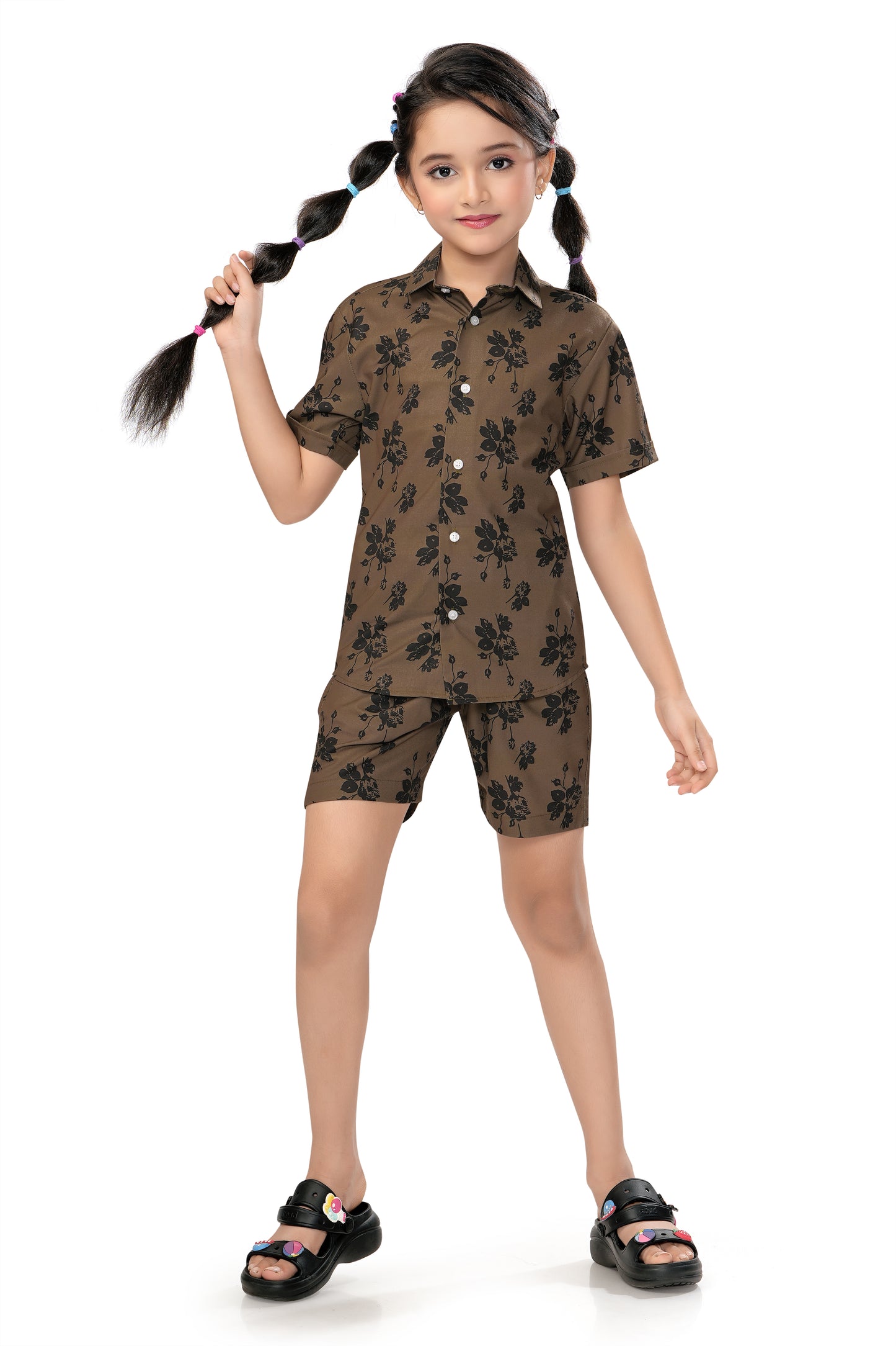 Brown Flower Printed Cotton Co Ord Set for Girl - G 349