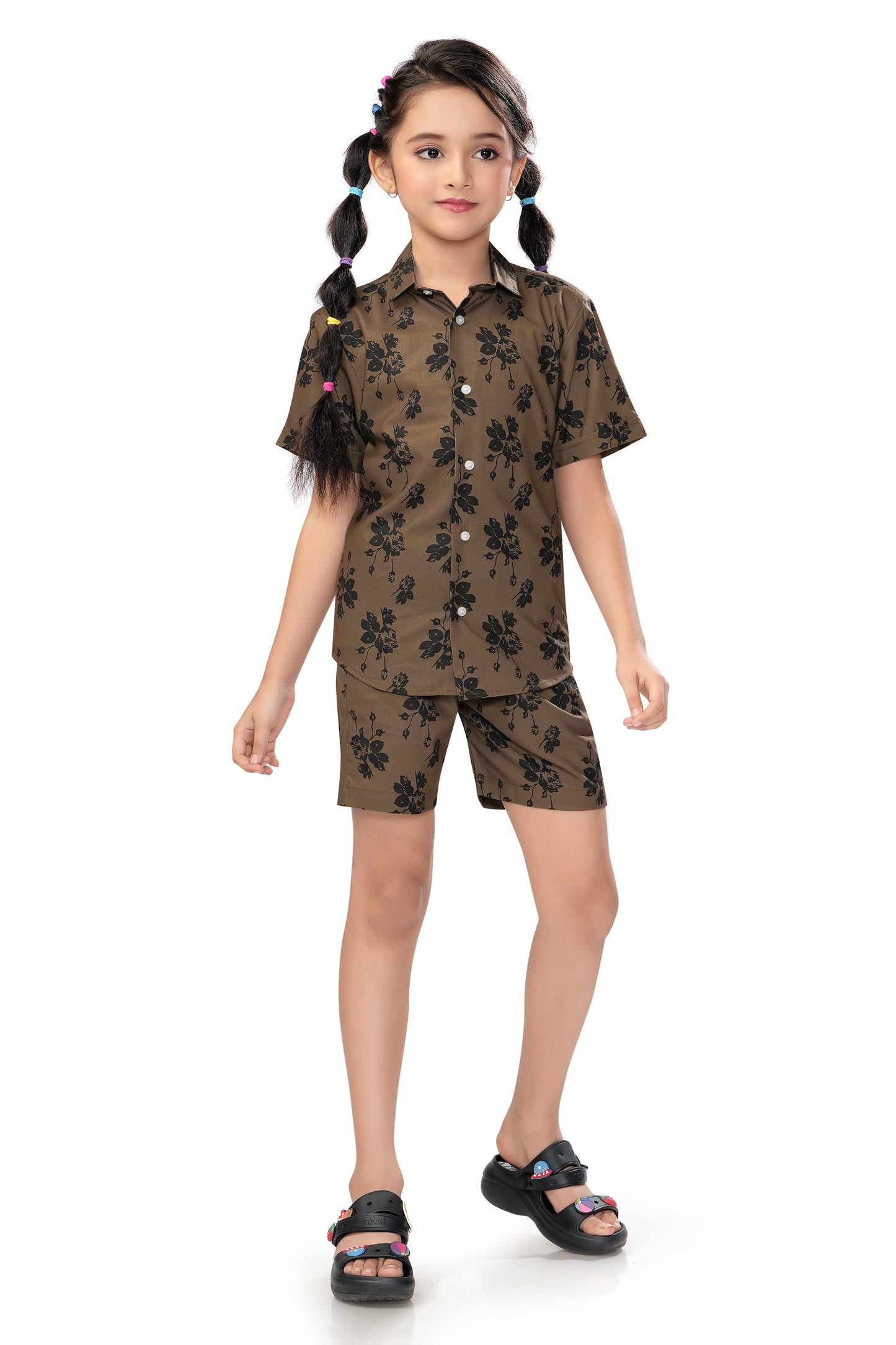 Brown Flower Printed Cotton Co Ord Set for Girl - G 349