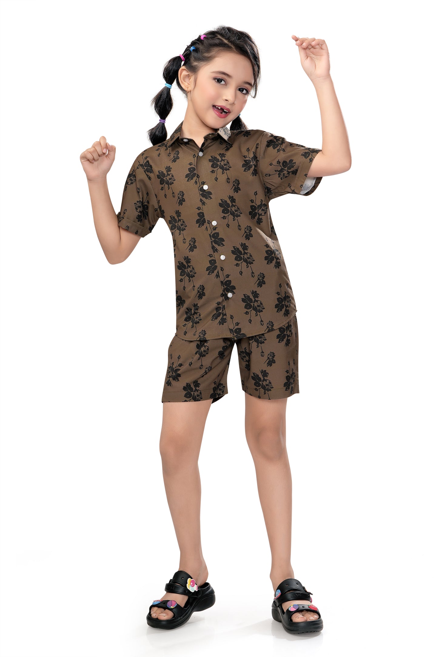 Brown Flower Printed Cotton Co Ord Set for Girl - G 349