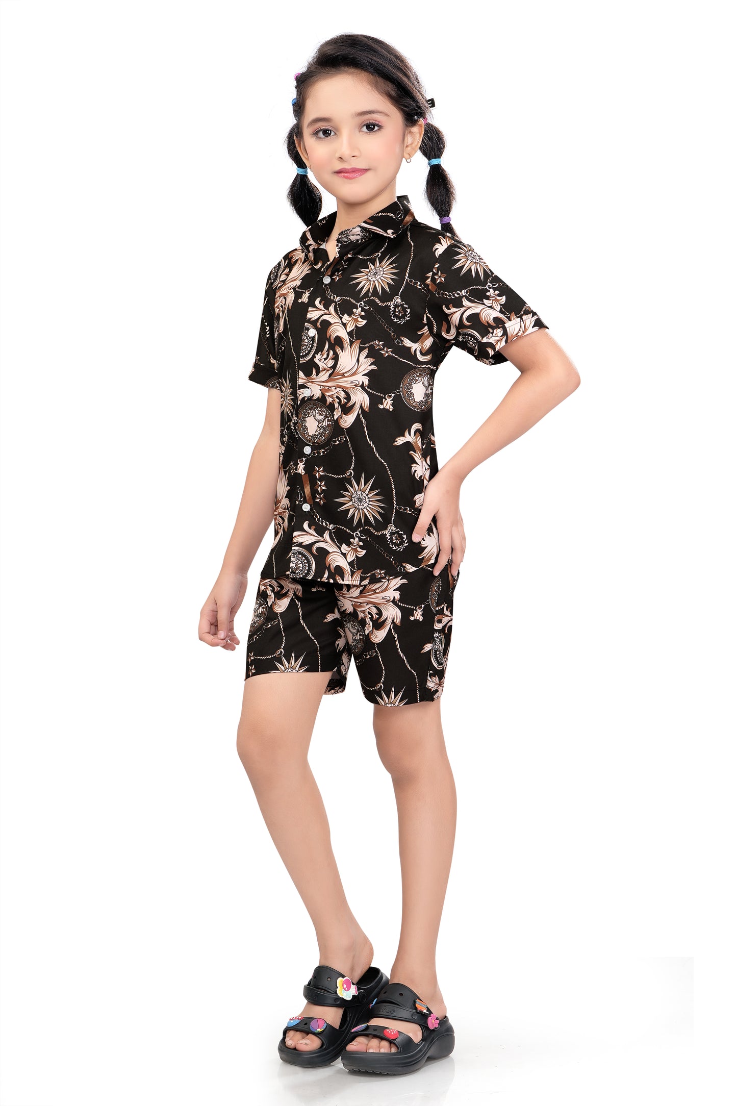 Black Ornamental Printed Cotton Co Ord Set for Girls