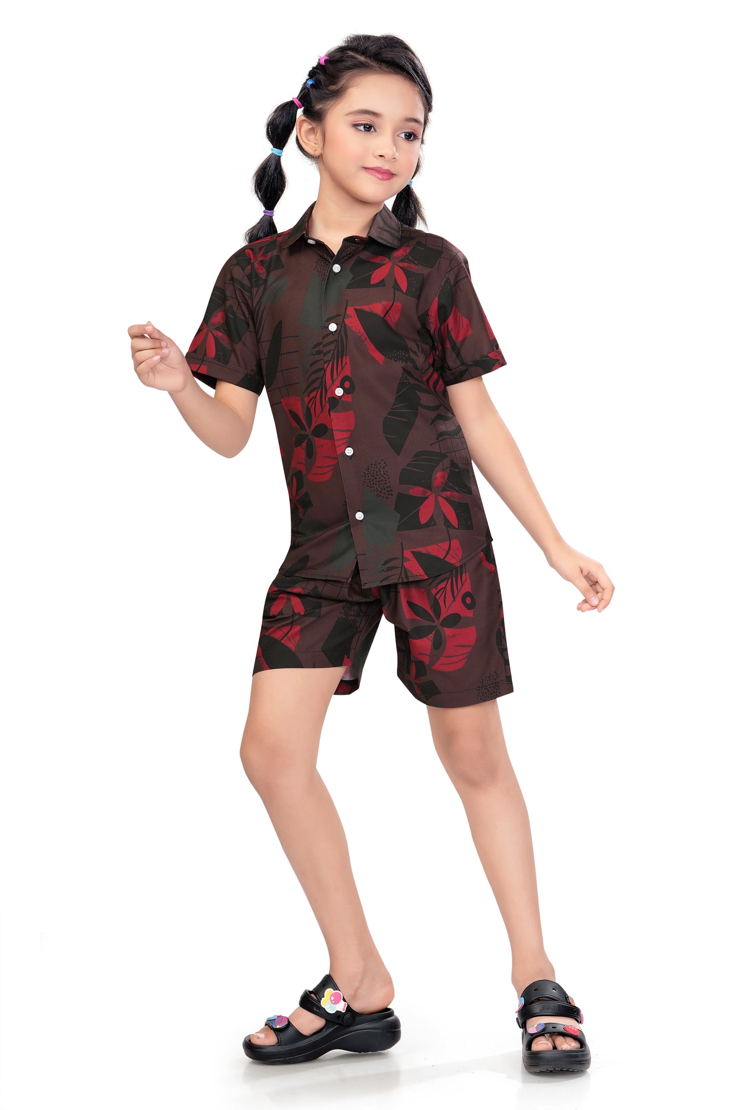 Floral and Leaf Printed Girls Cotton Co Ord Set