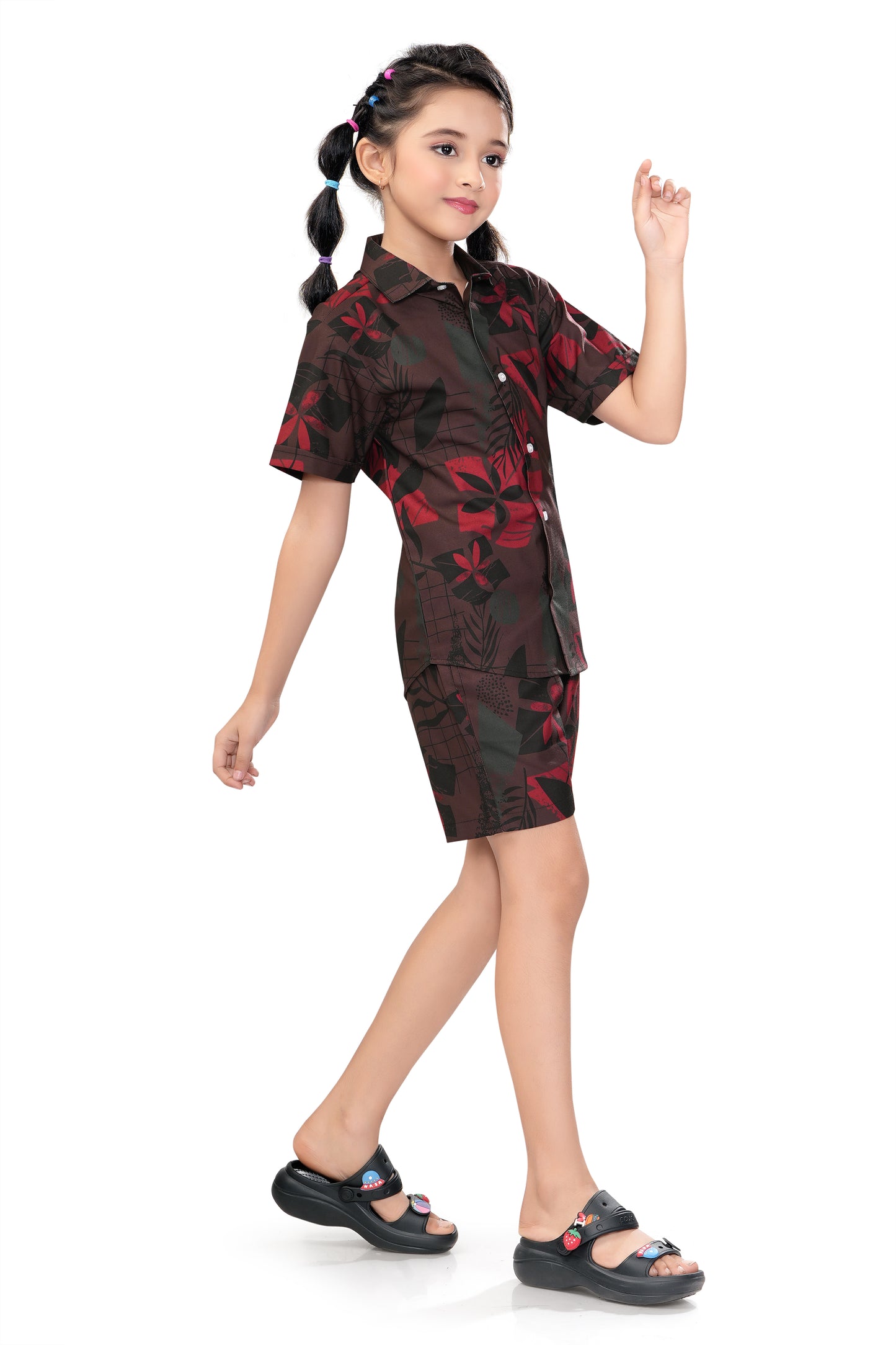 Floral and Leaf Printed Girls Cotton Co Ord Set