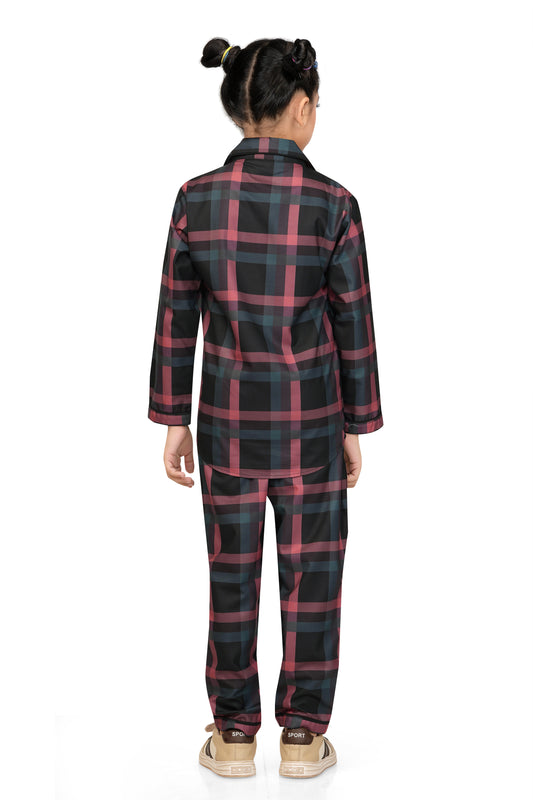 Girls Black & Red Checks Cotton Night Suit Set