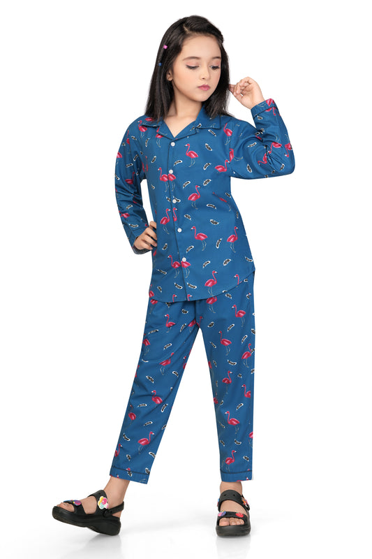 Flamingo-Print-Cotton-Girl-Night-suit-set-club96