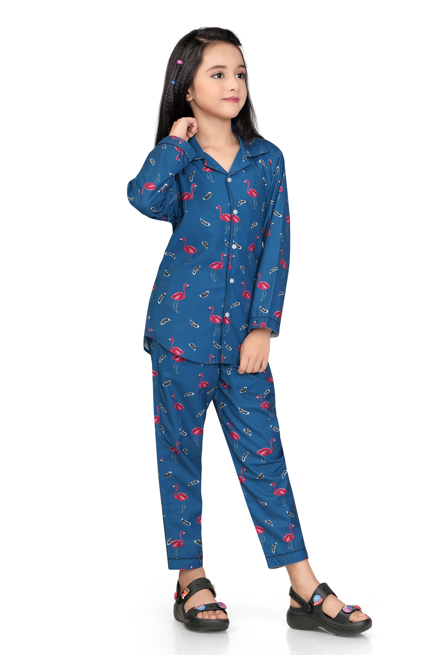 Flamingo-Print-Cotton-Girl-Night-suit-set-Sideview