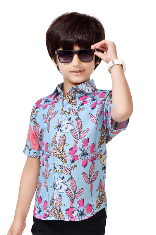 Floral Printed Pure Cotton Half Sleeve Shirt for Boys – Front