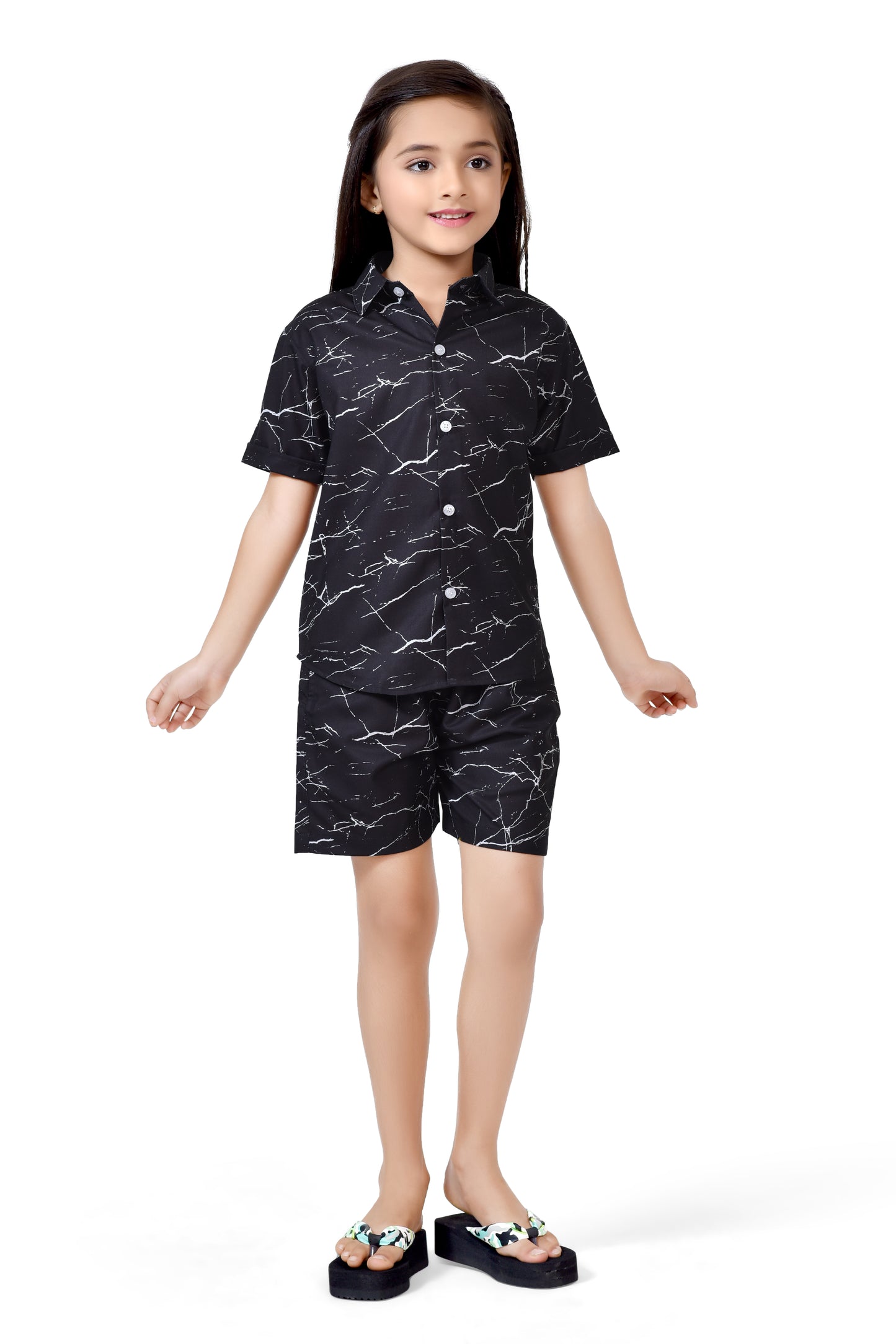 Girls Black Marble Printed Summer Cotton Co-Ord Set - Club96