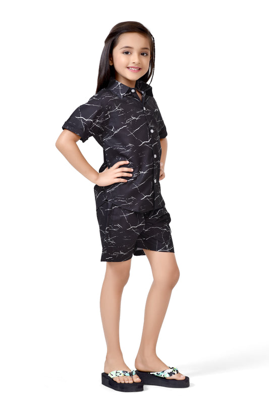 Girls Black Marble Printed Summer Cotton Co-Ord Set - Front