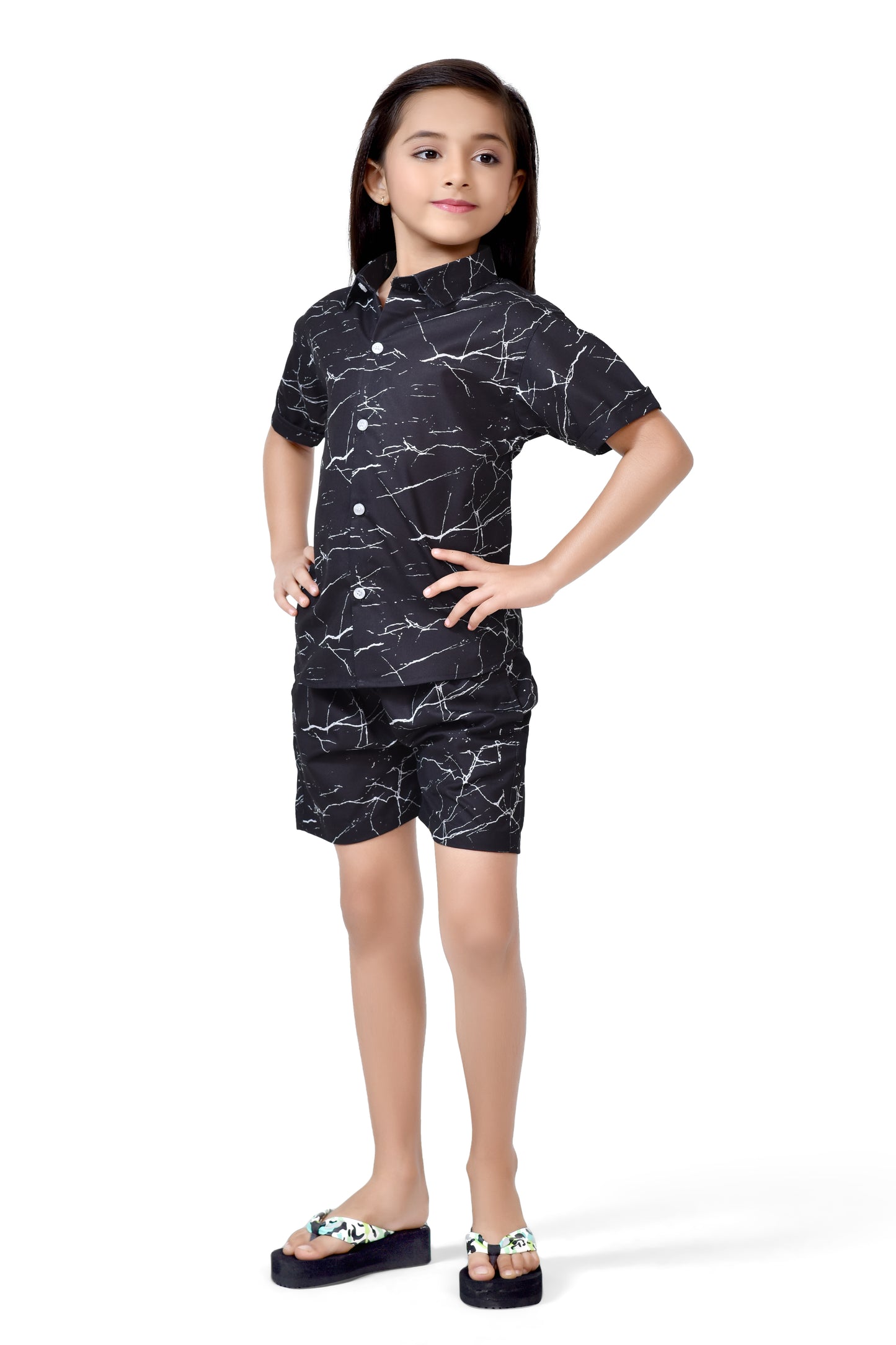 Girls Black Marble Printed Summer Cotton Co-Ord Set - Stylist