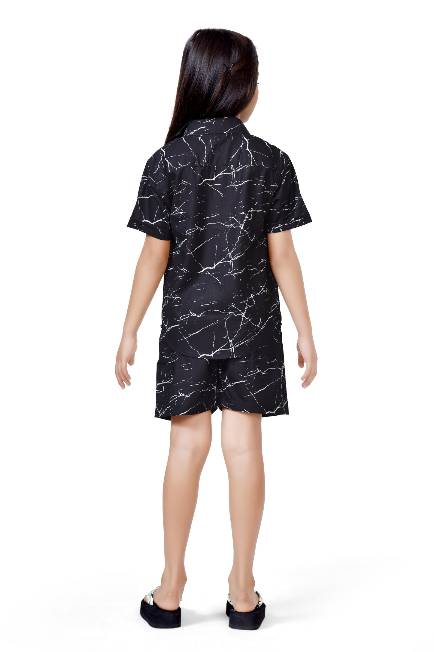 Girls Black Marble Printed Summer Cotton Co-Ord Set - Back
