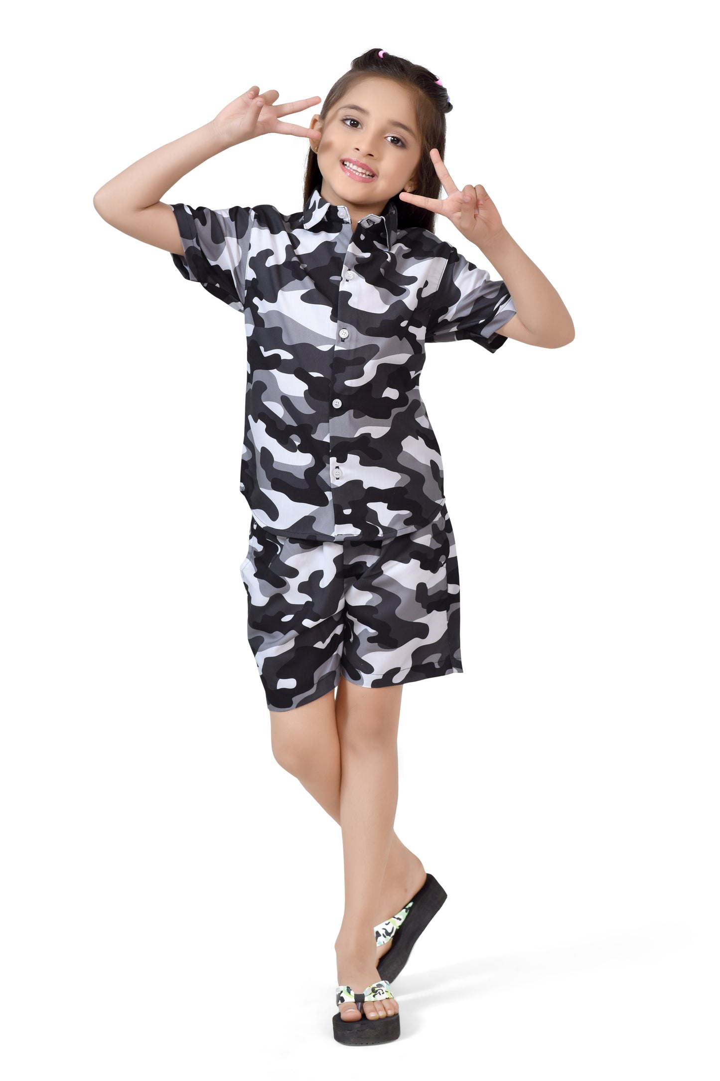 Girls Black and White Camouflage Printed Cotton Co-Ord Set - Club96