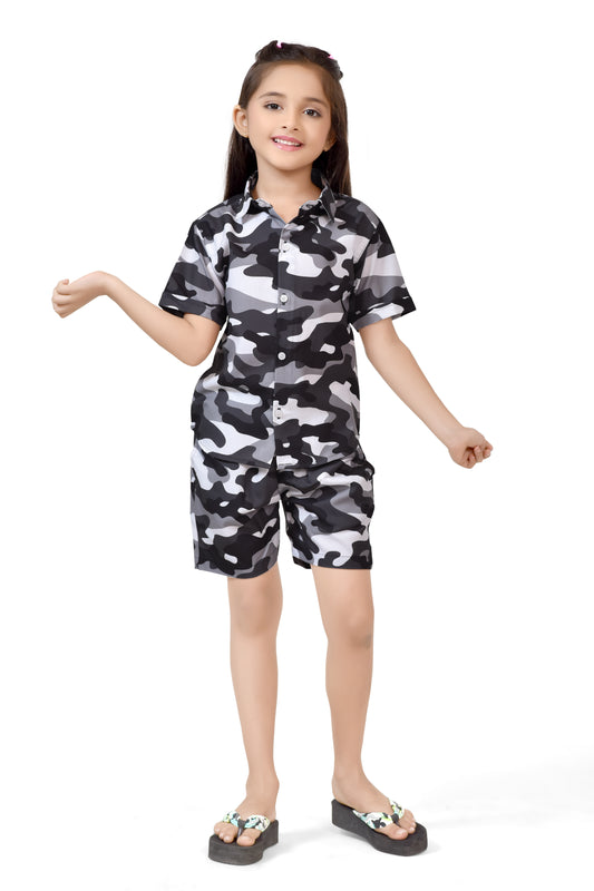 Girls Black and White Camouflage Printed Cotton Co-Ord Set - Front