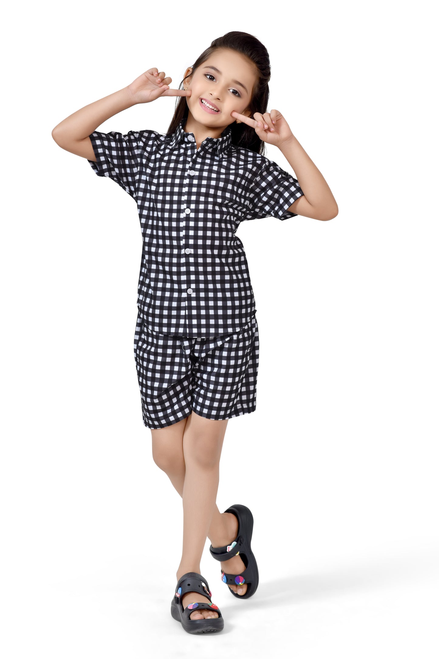 Girls Black and White Small Checks Printed Cotton Co-Ord Set - Club96