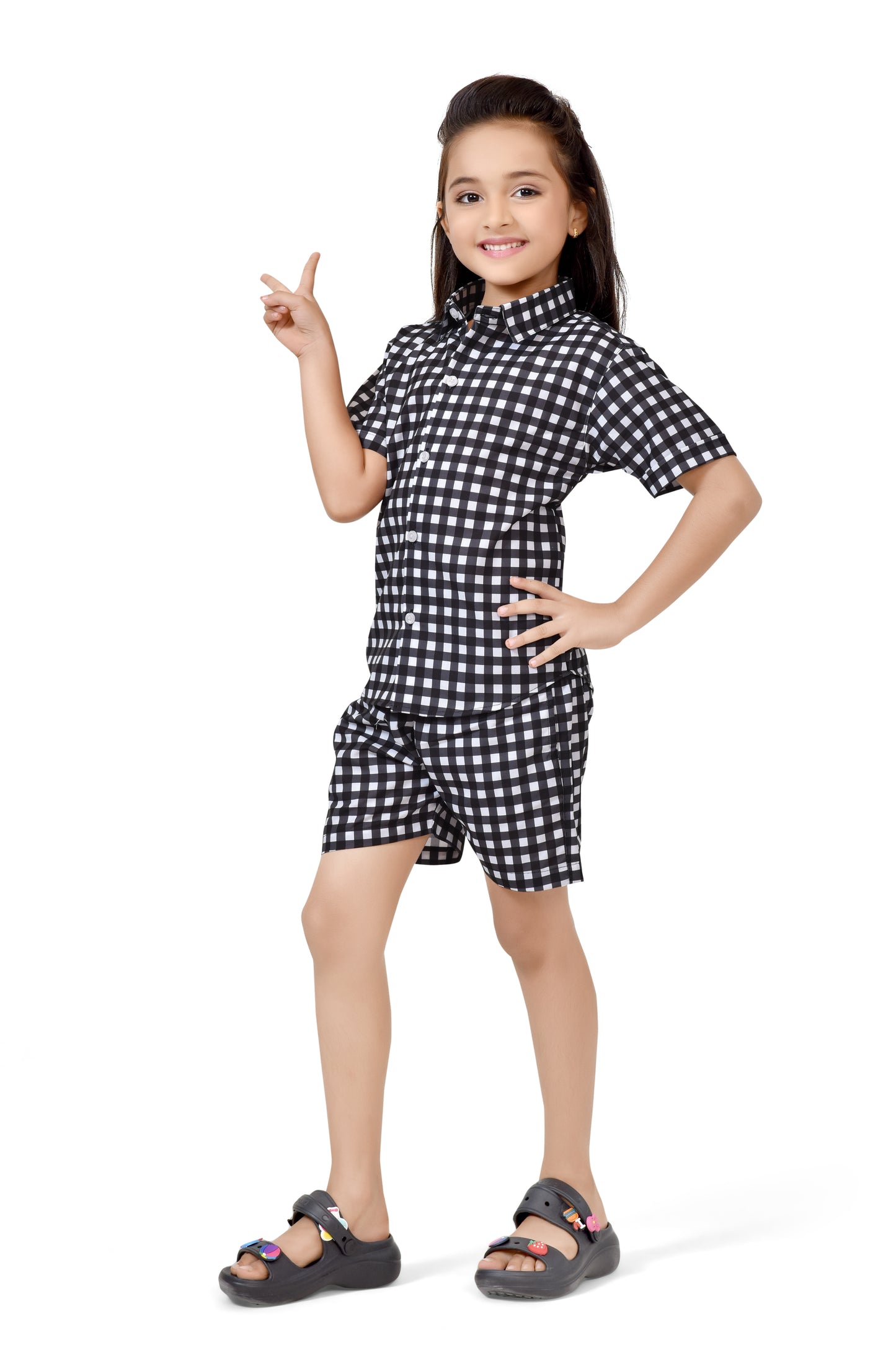 Girls Black and White Small Checks Printed Cotton Co-Ord Set - Stylist