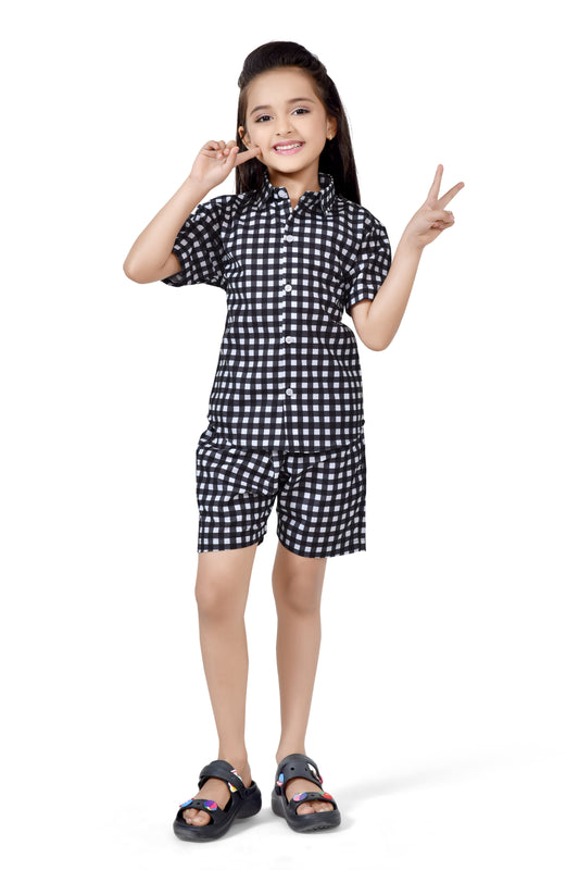 Girls Black and White Small Checks Printed Cotton Co-Ord Set - Front