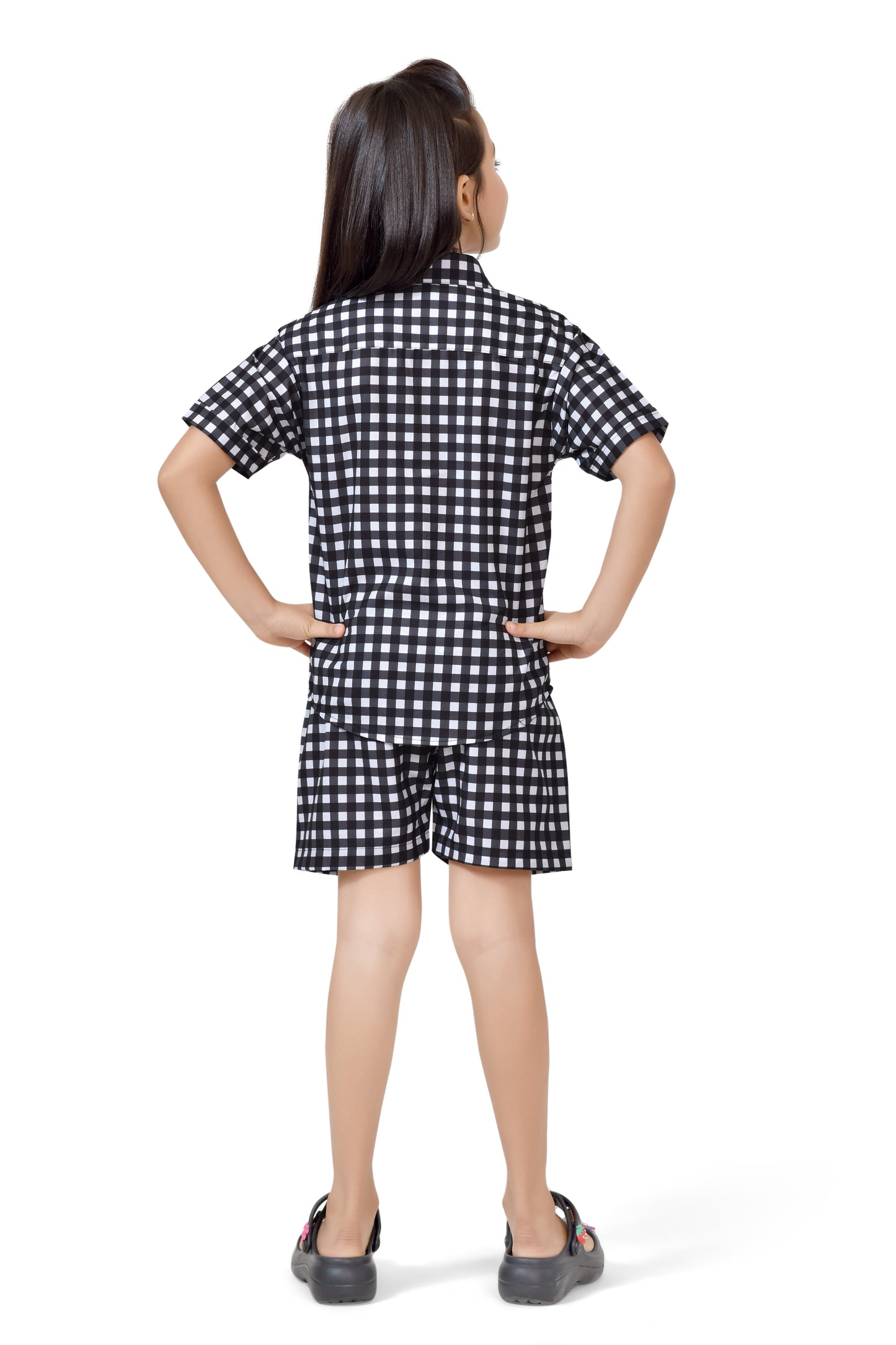 Girls Black and White Small Checks Printed Cotton Co-Ord Set - Back