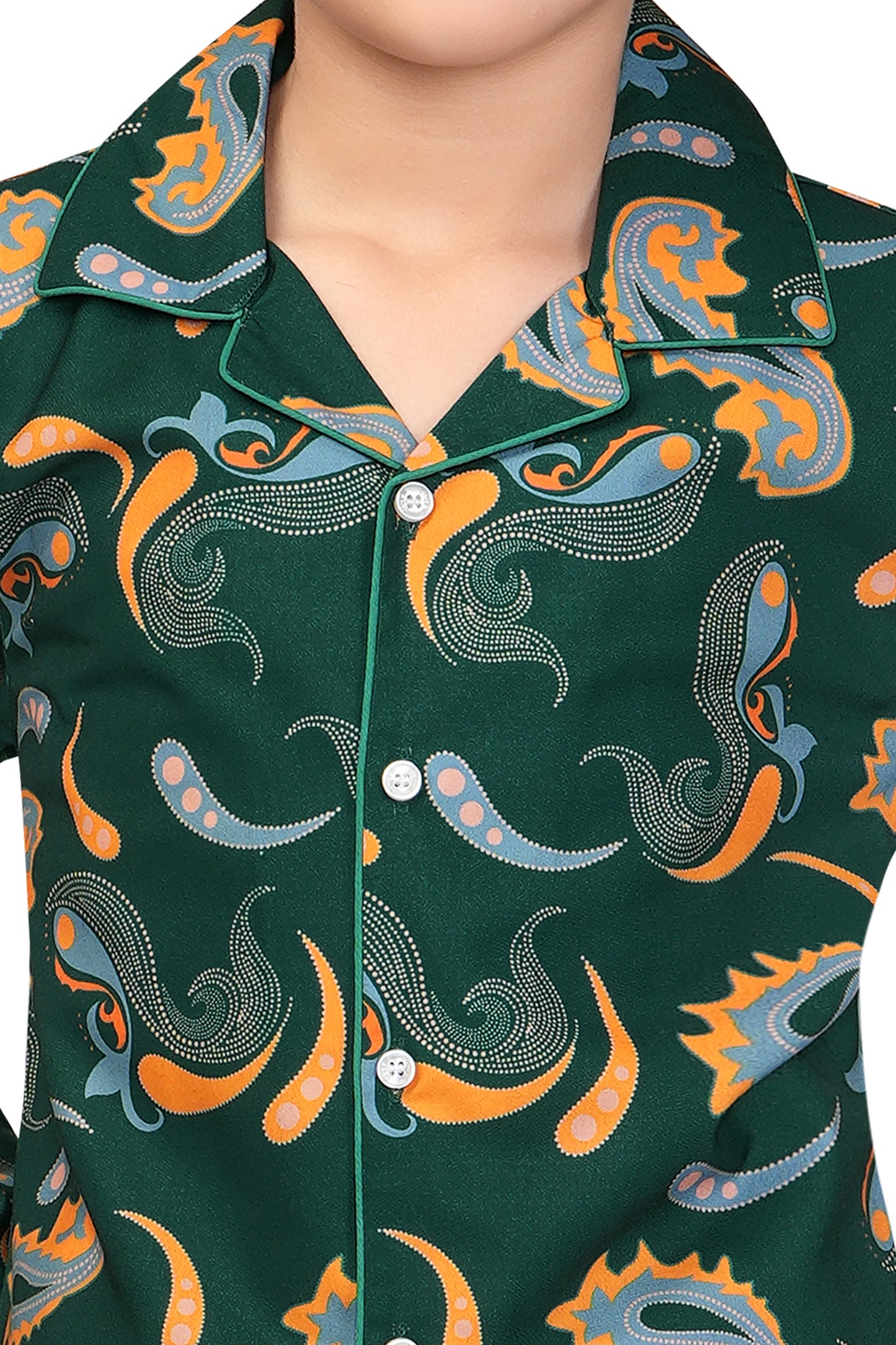 Green-Paisley-Printed-Girl-Nightsuit-Set-Zoomview
