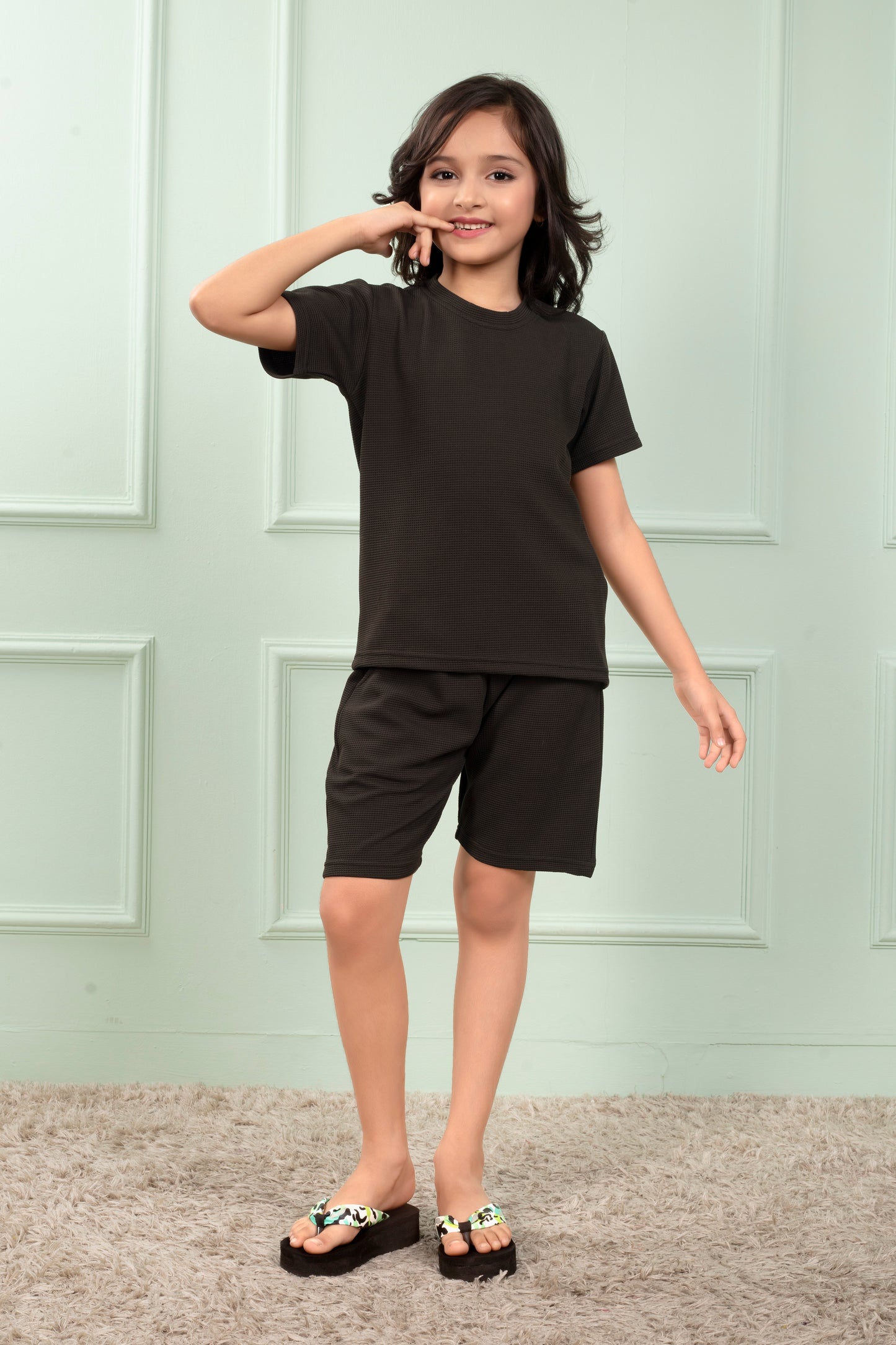 Green_color_Pure_Cotton_Waffle_cute_Girls_shorts_set - Styilsh