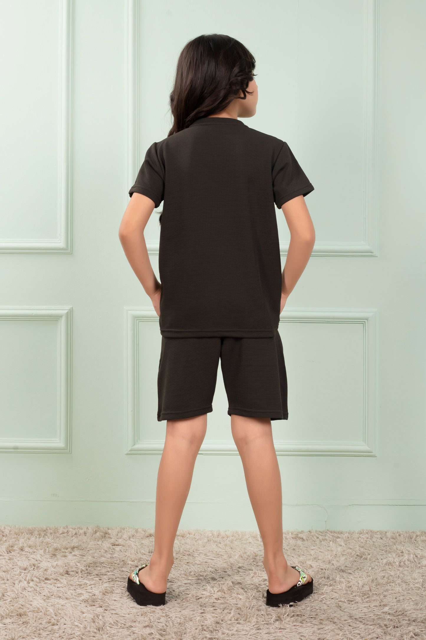 Green_color_Pure_Cotton_Waffle_cute_Girls_shorts_set - BackView