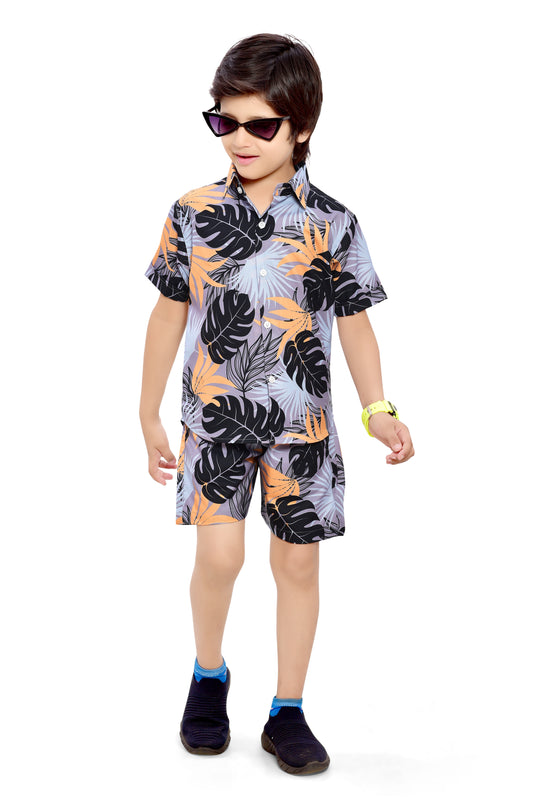 Grey Vacation Tropical Leaf Printed Cotton Co-Ord Set - Club96