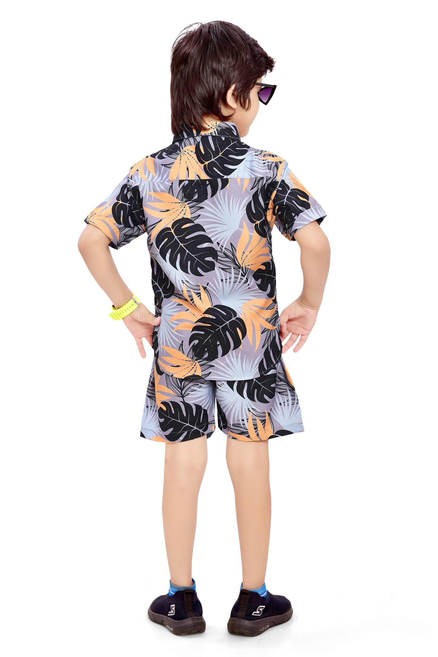 Grey Vacation Tropical Leaf Printed Cotton Co-Ord Set - Back